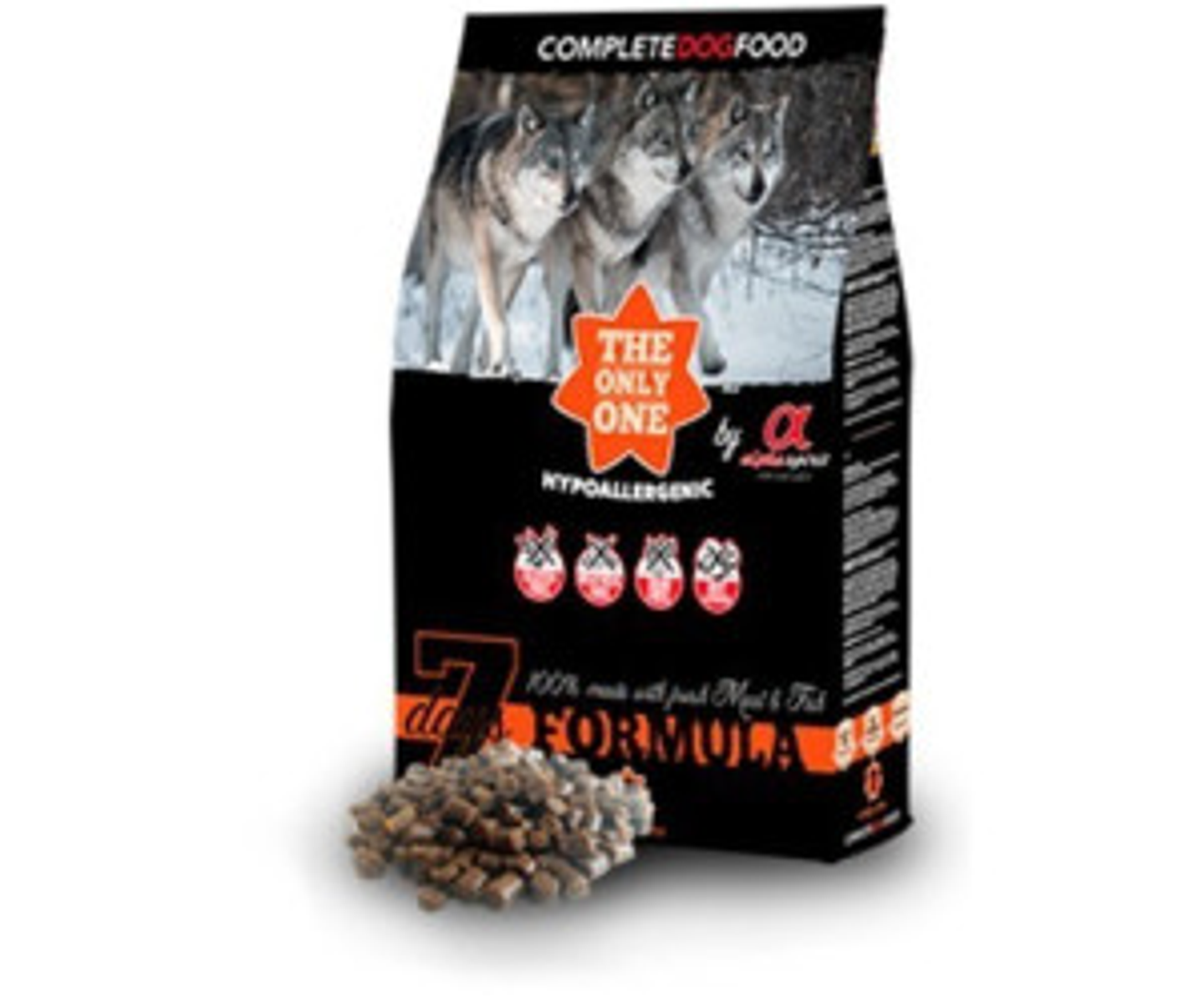 Torba karmy dla psów z wilkami, logo gwiazdy i krokietami. Czarna torba z białym tekstem. Zawiera formułę 7-dniową.