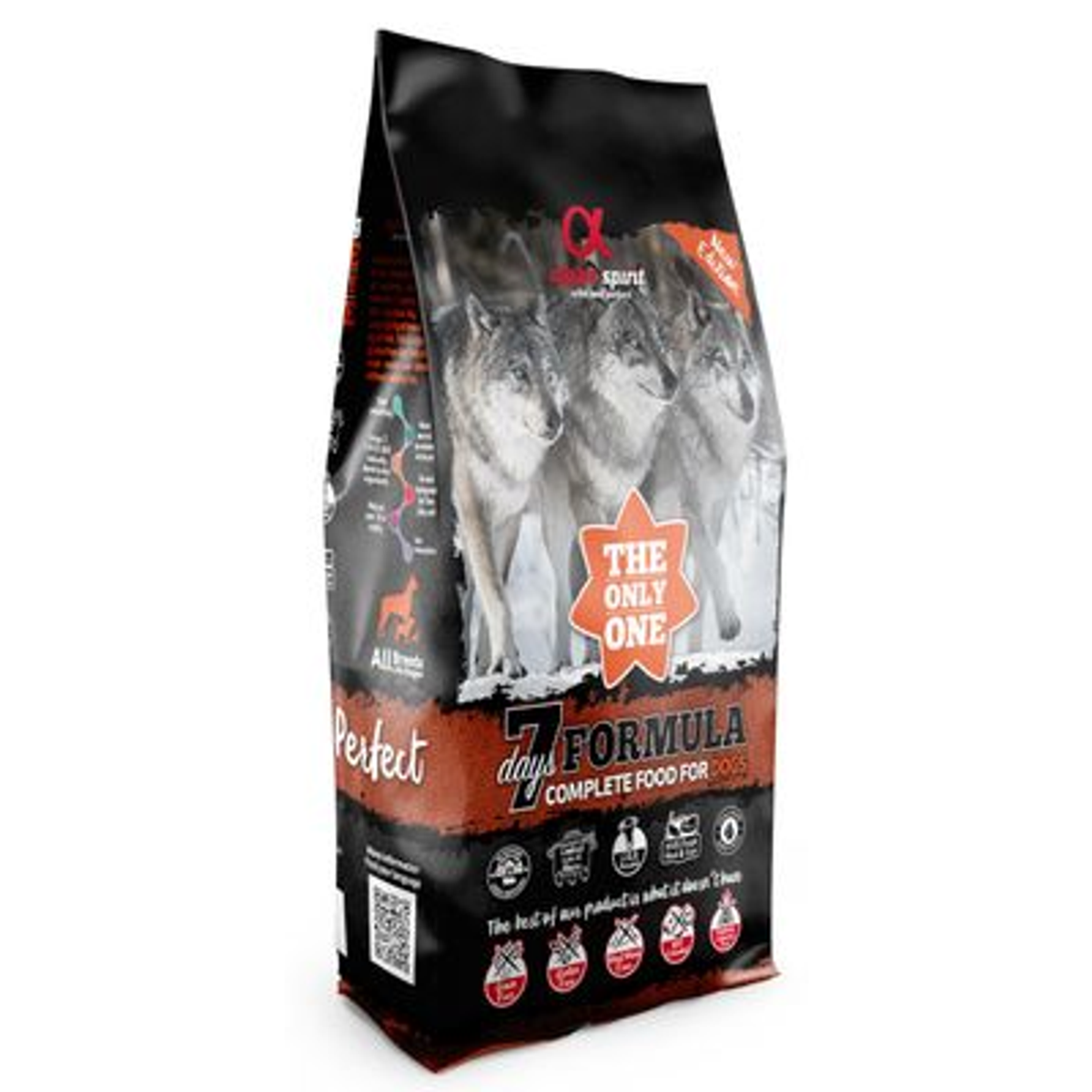 Torba na karmę dla psów z wilkami. Tekst zawiera 'The only one', '7 days formula' i 'complete food for dogs'.