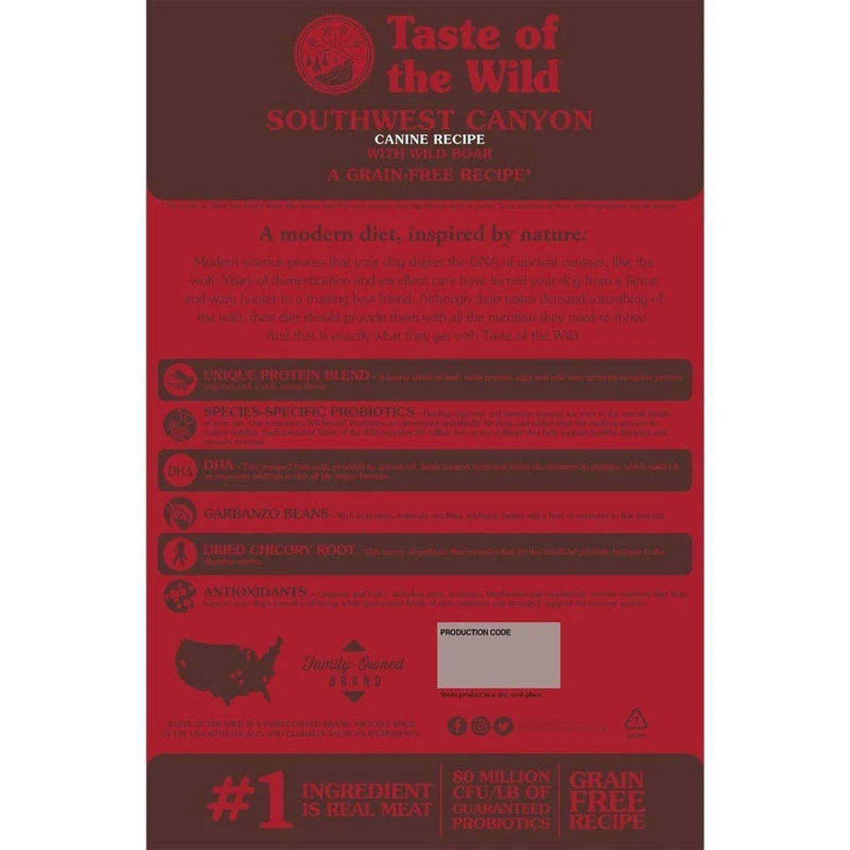 Opakowanie karmy dla psów. Czerwone tło z tekstem i ikonami. Zawiera listę składników i informacje o marce.