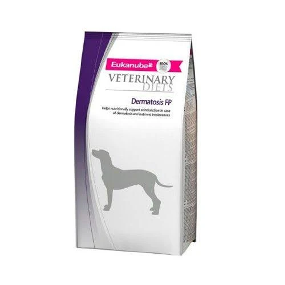 Torba z karmą dla psów. Ma markę Eukanuba i stwierdza, że jest przeznaczona dla diet weterynaryjnych. Wskazuje również, że jest przeznaczona dla dermatozy.
