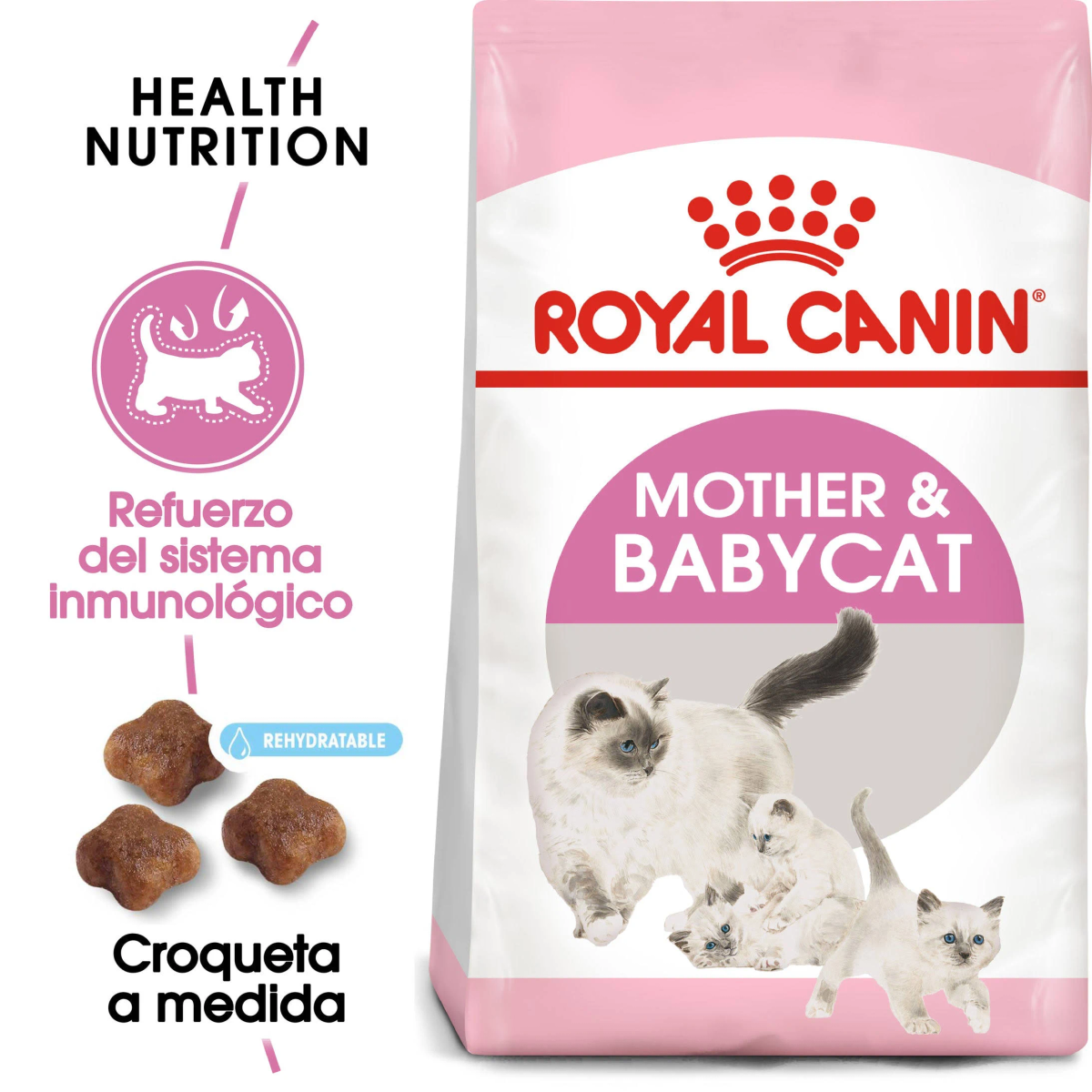 Torba karmy dla kotów Royal Canin Mother & Babycat. Pokazuje matkę kota z kociętami. Torba jest różowa i biała.