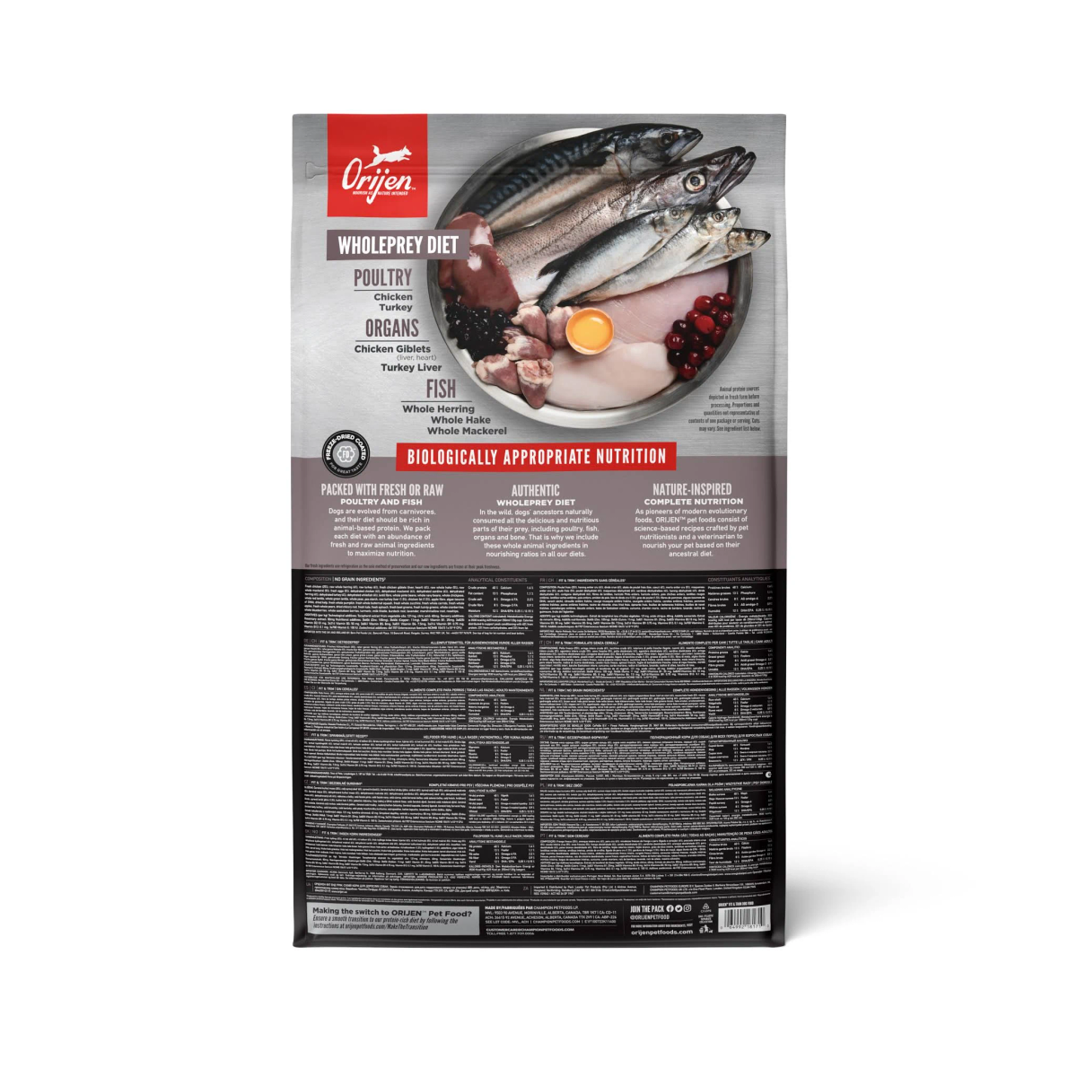 Torba z karmą dla zwierząt Orijen ze zdjęciami ryb, organów i drobiu. Tekst podkreśla dietę z całej zdobyczy i odpowiednie biologicznie odżywianie.