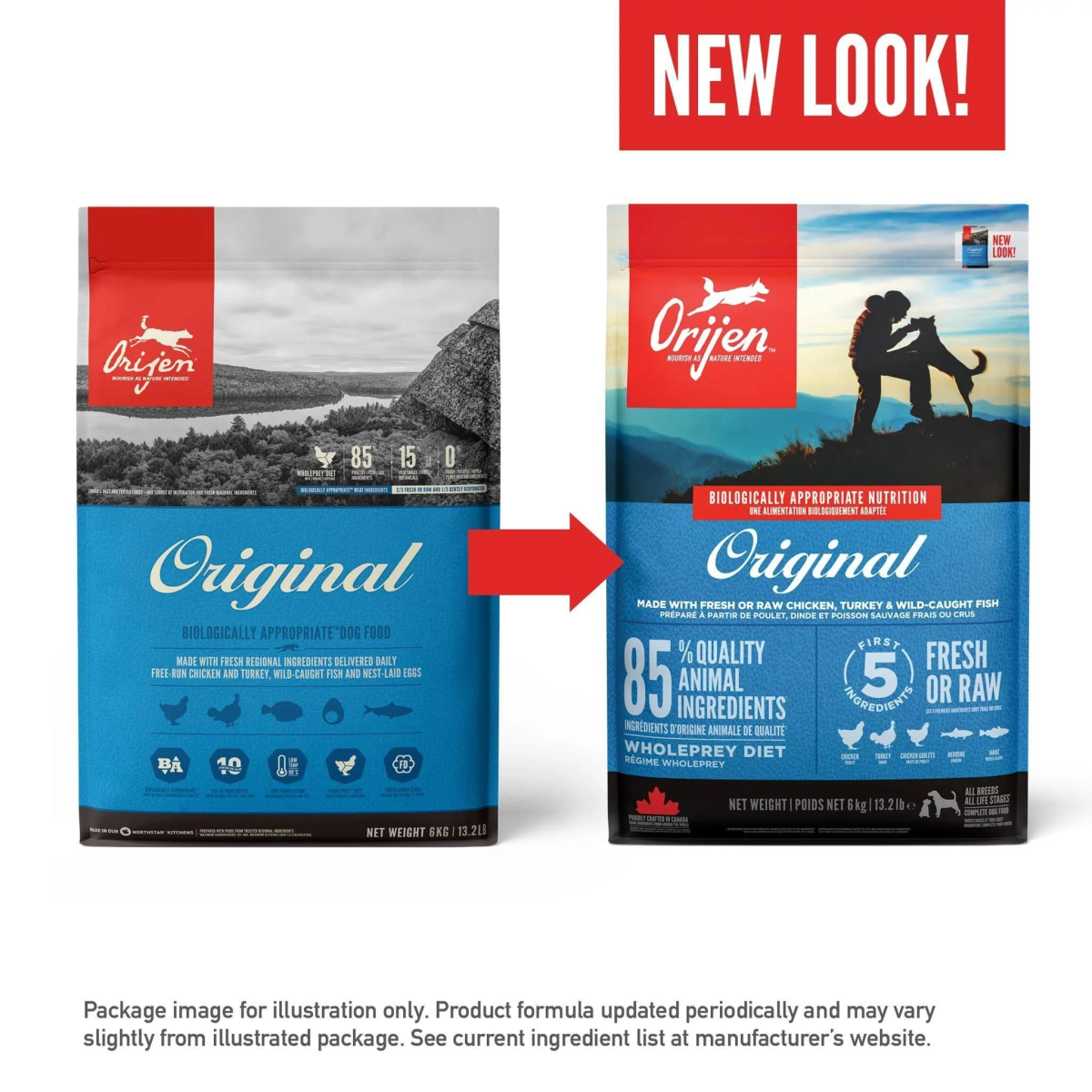Porównanie opakowań karmy dla psów. Po lewej: Original, po prawej: New Look. Oba pokazują markę Orijen w kolorach niebieskim i czerwonym.