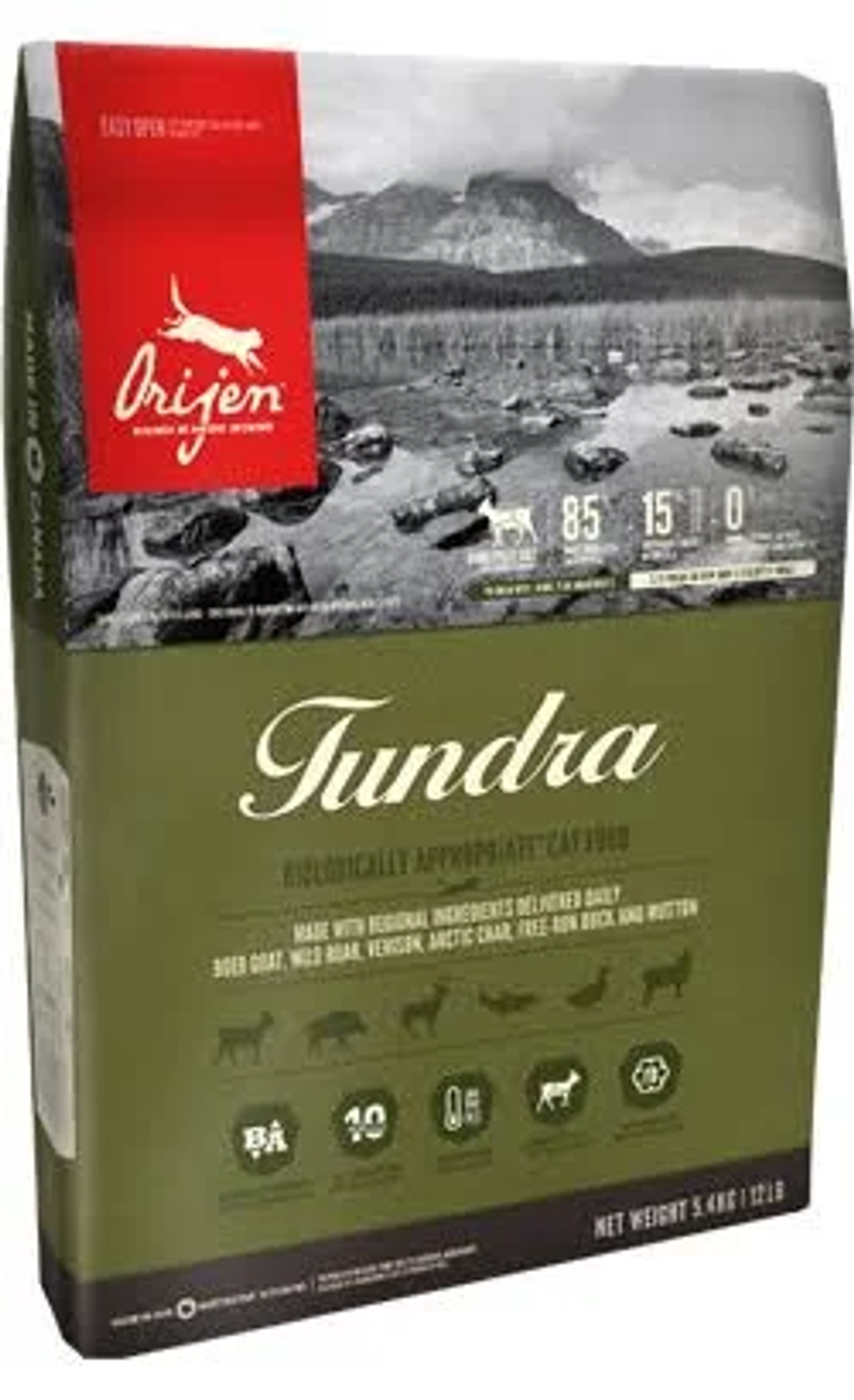 Torba karmy dla kotów, Orijen Tundra. Wyświetla scenę górską, informacje o wartości odżywczej i ilustracje zwierząt.