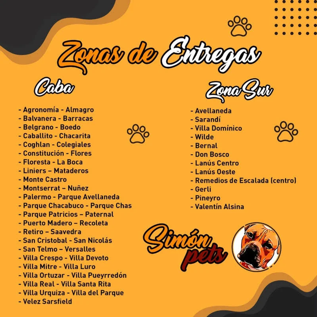 Pomarańczowa grafika z obszarami dostawy dla zwierząt, wymienia obszary w Caba i Zona Sur, logo psa.