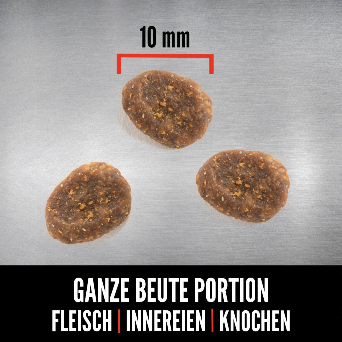 Trzy brązowe kawałki karmy dla zwierząt o wymiarze 10 mm, tekst brzmi 'GANZE BEUTE PORTION FLEISCH | INNEREIEN | KNOCHEN'.