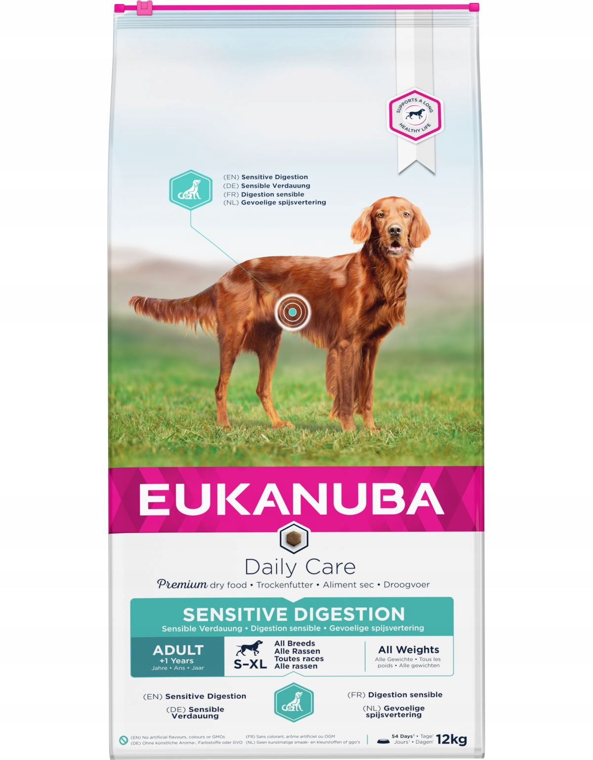 Pies na trawie, torba z produktem z tekstem "Eukanuba" i "Sensitive Digestion".