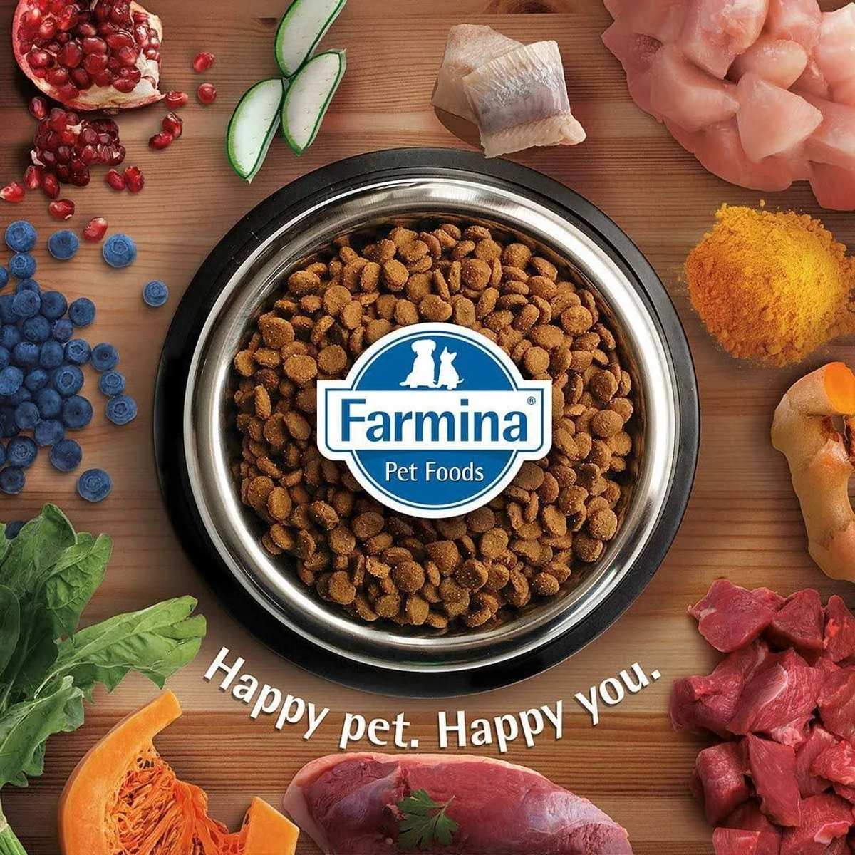 Miska karmy dla psów z różnymi składnikami, takimi jak jagody, ryby, mięso i kurkuma. Karma jest od Farmina Pet Foods.