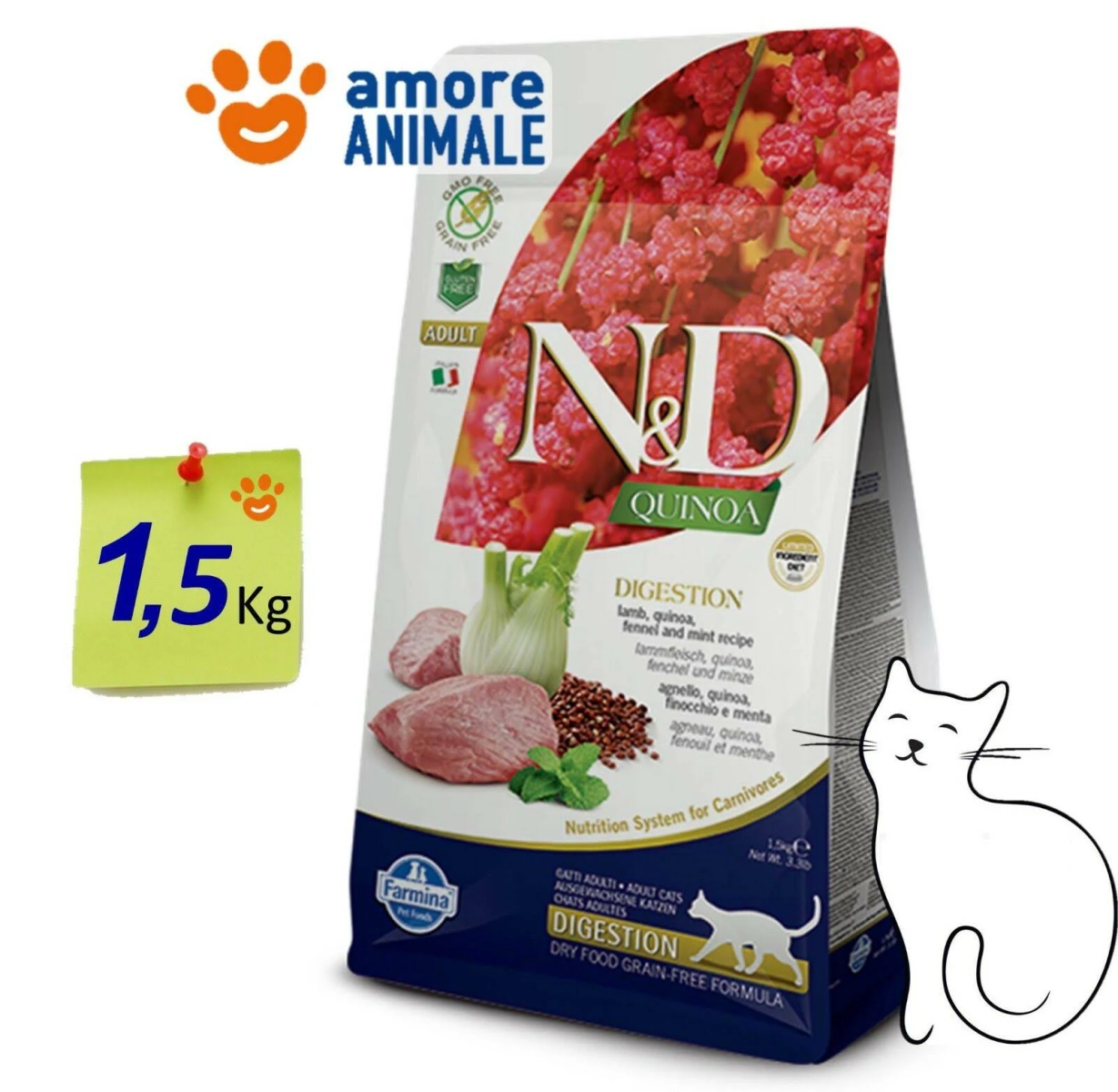 Torba z karmą dla kotów z etykietą 'ND QUINOA DIGESTION' i karteczka samoprzylepna pokazująca 1,5 kg. Biały kontur kota po prawej.