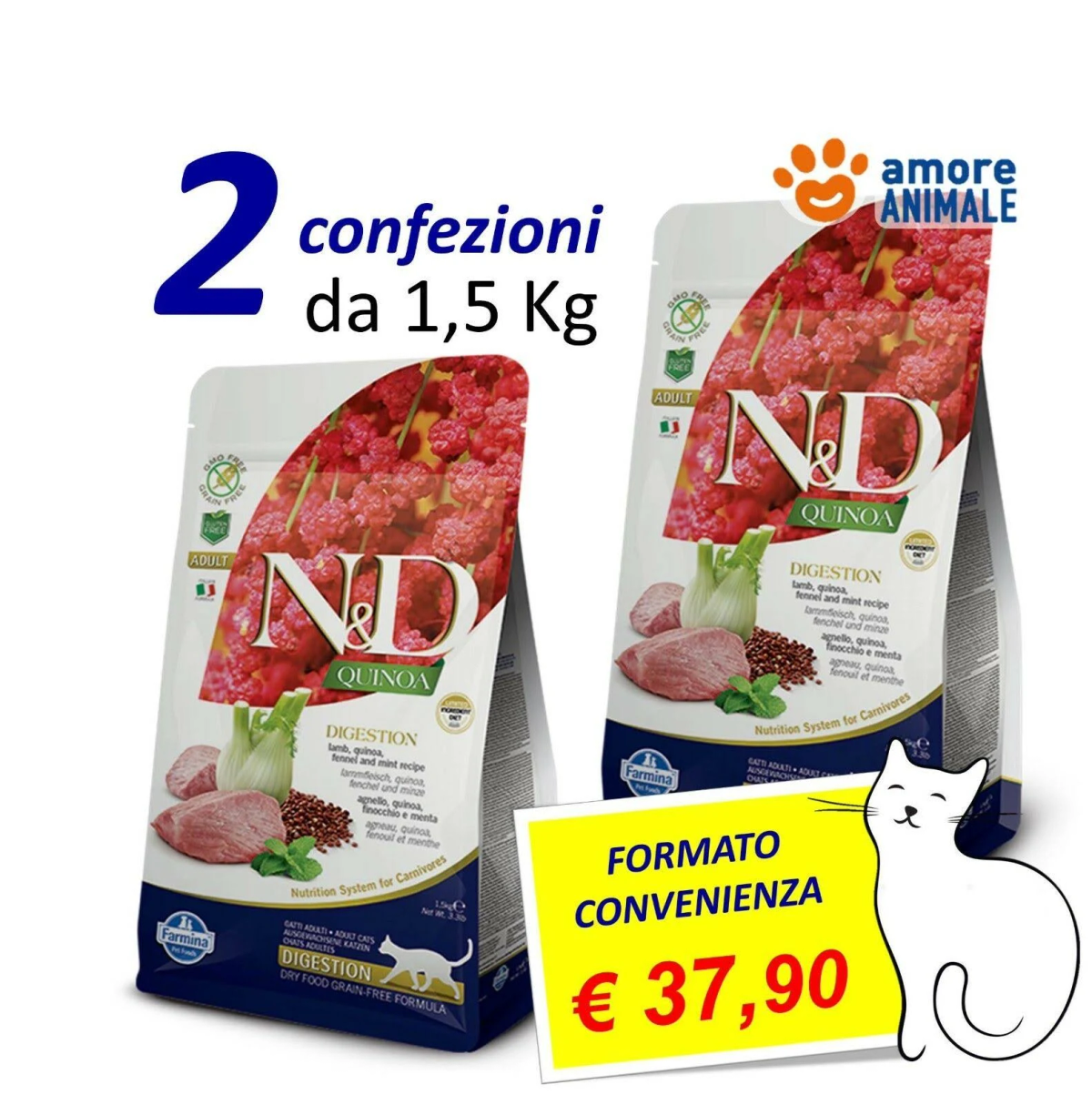 Dwie torby z karmą dla kotów z tekstem i cenówką. Po prawej stronie narysowany jest biały kot.