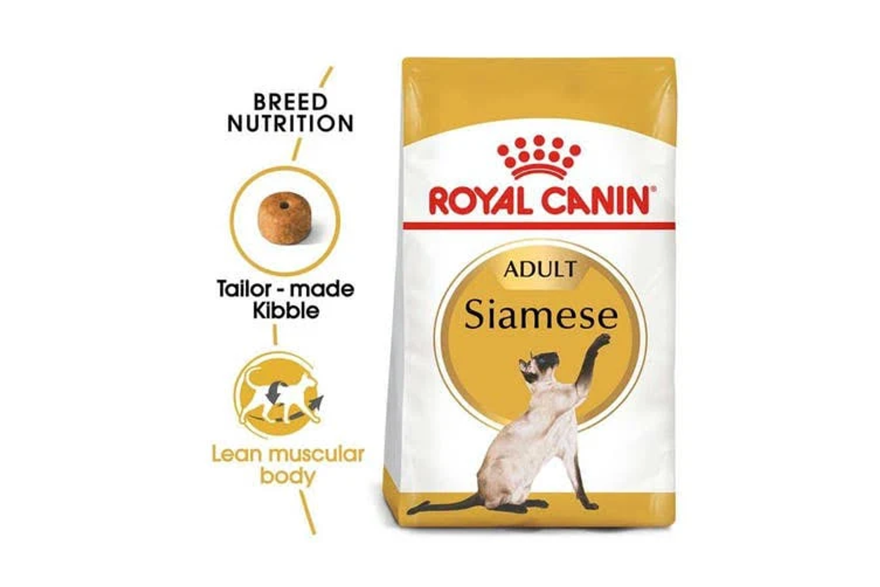 Worek karmy dla kotów Royal Canin dla dorosłych kotów syjamskich. Worek jest biało-złoty ze zdjęciem kota syjamskiego.