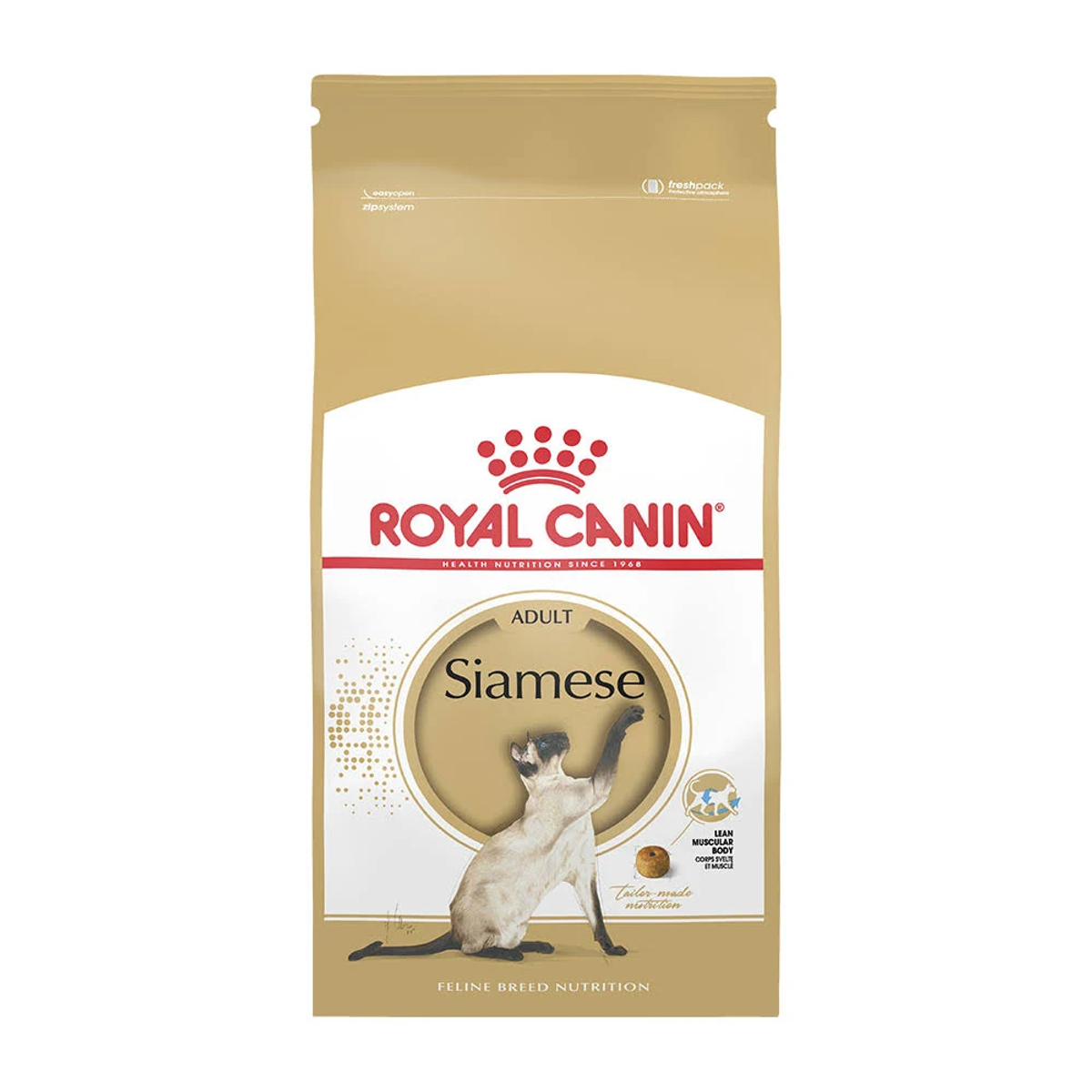 Torba Royal Canin dla kotów syjamskich. Zawiera ilustrację kota syjamskiego, szczegóły produktu i markę na złotym tle.