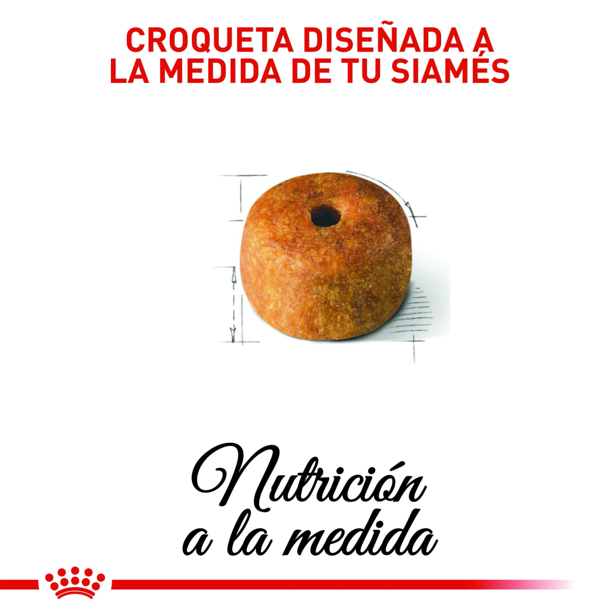 Obraz przedstawia krokiet karmy dla kotów z otworem pośrodku. Tekst w języku hiszpańskim mówi 'Croqueta diseñada a la medida de tu siamés'.