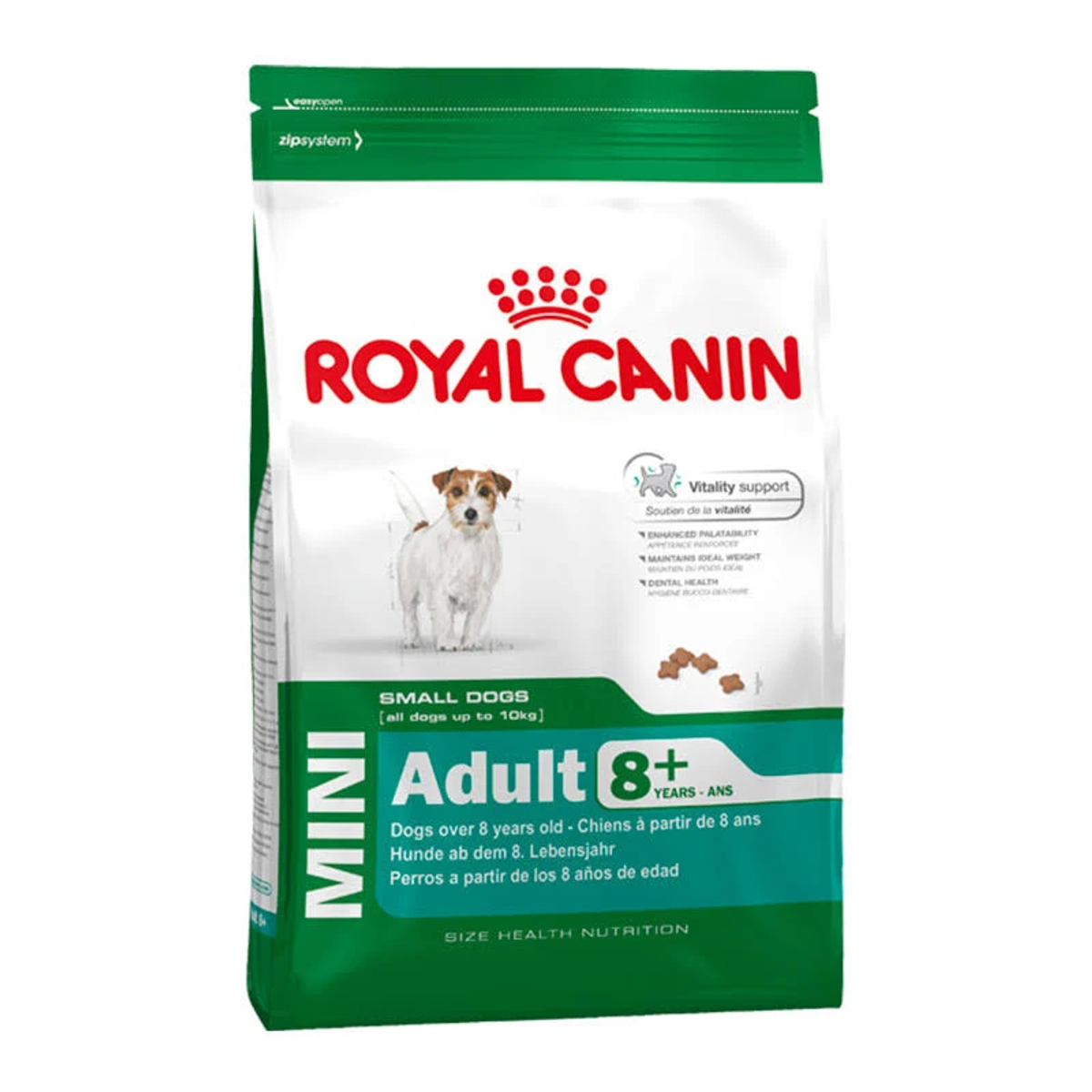 Torba z karmą dla psów. Biała torba ze zdjęciem psa, etykietą 'Royal Canin' i tekstem 'Adult 8+', dla małych psów.