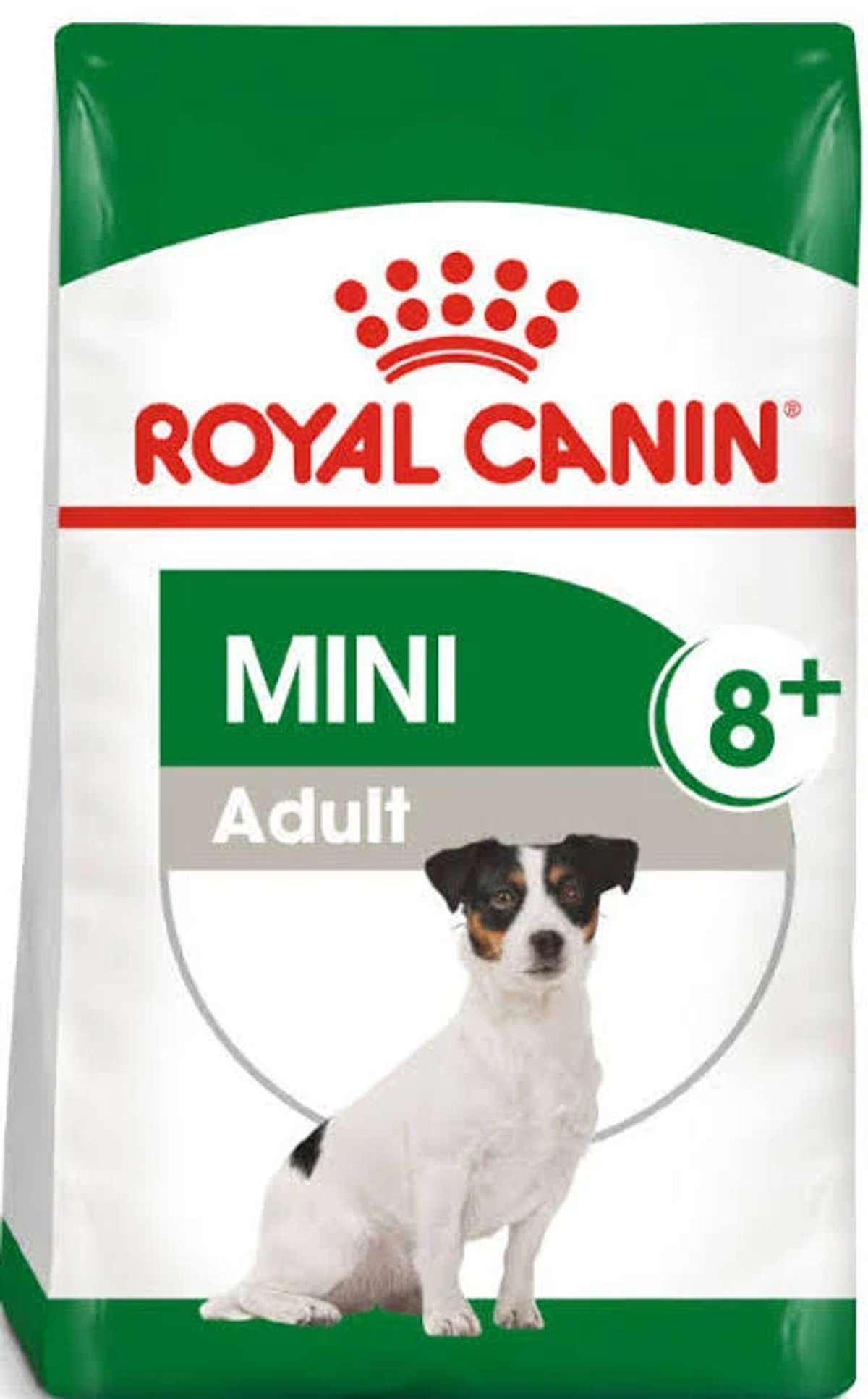 Torba na karmę dla psów. Zielony wierzch, biały środek ze zdjęciem psa. Tekst: Royal Canin, Mini Adult 8+.