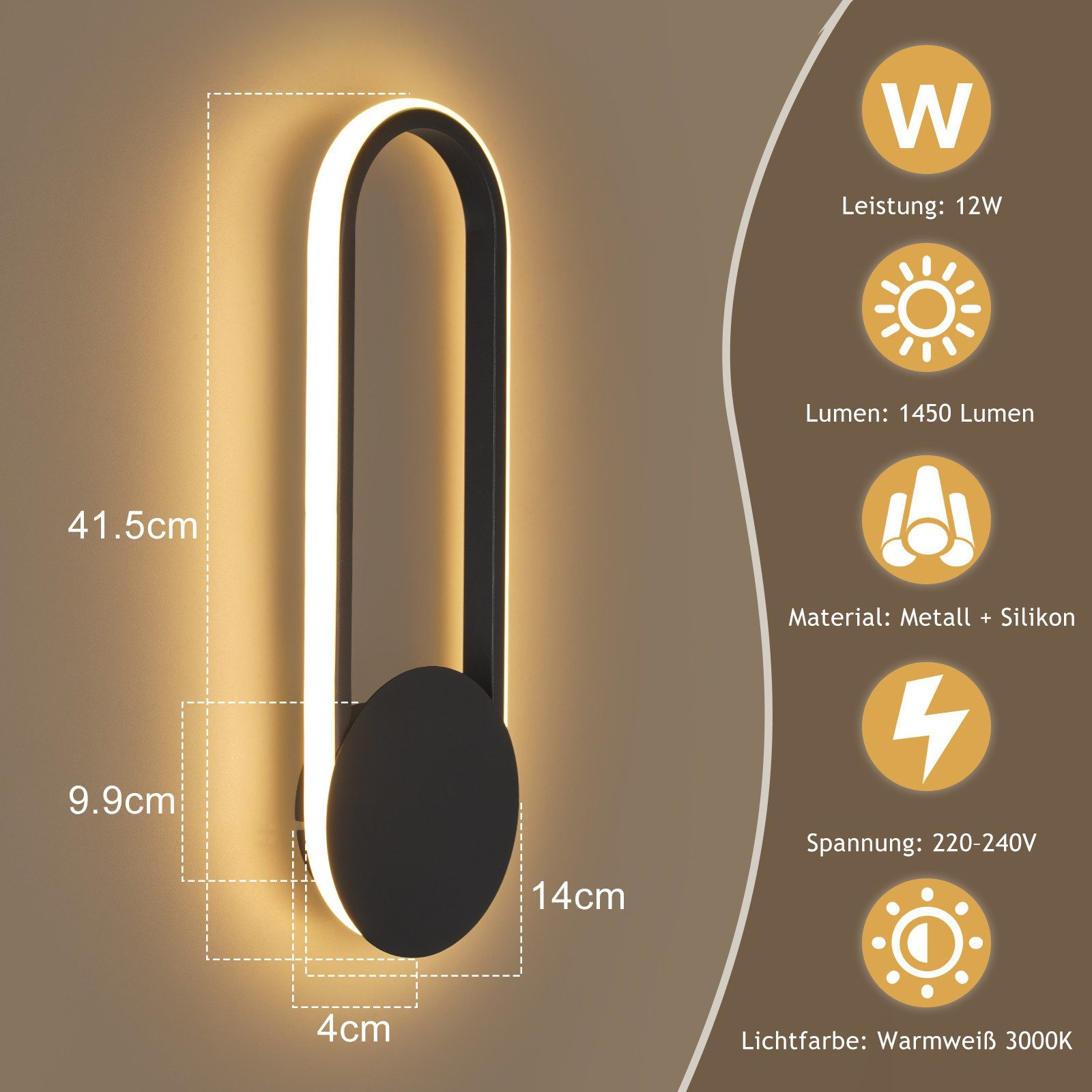Una moderna lampada da parete con base ovale nera e luce bianca brillante curva. Ha dimensioni e specifiche.