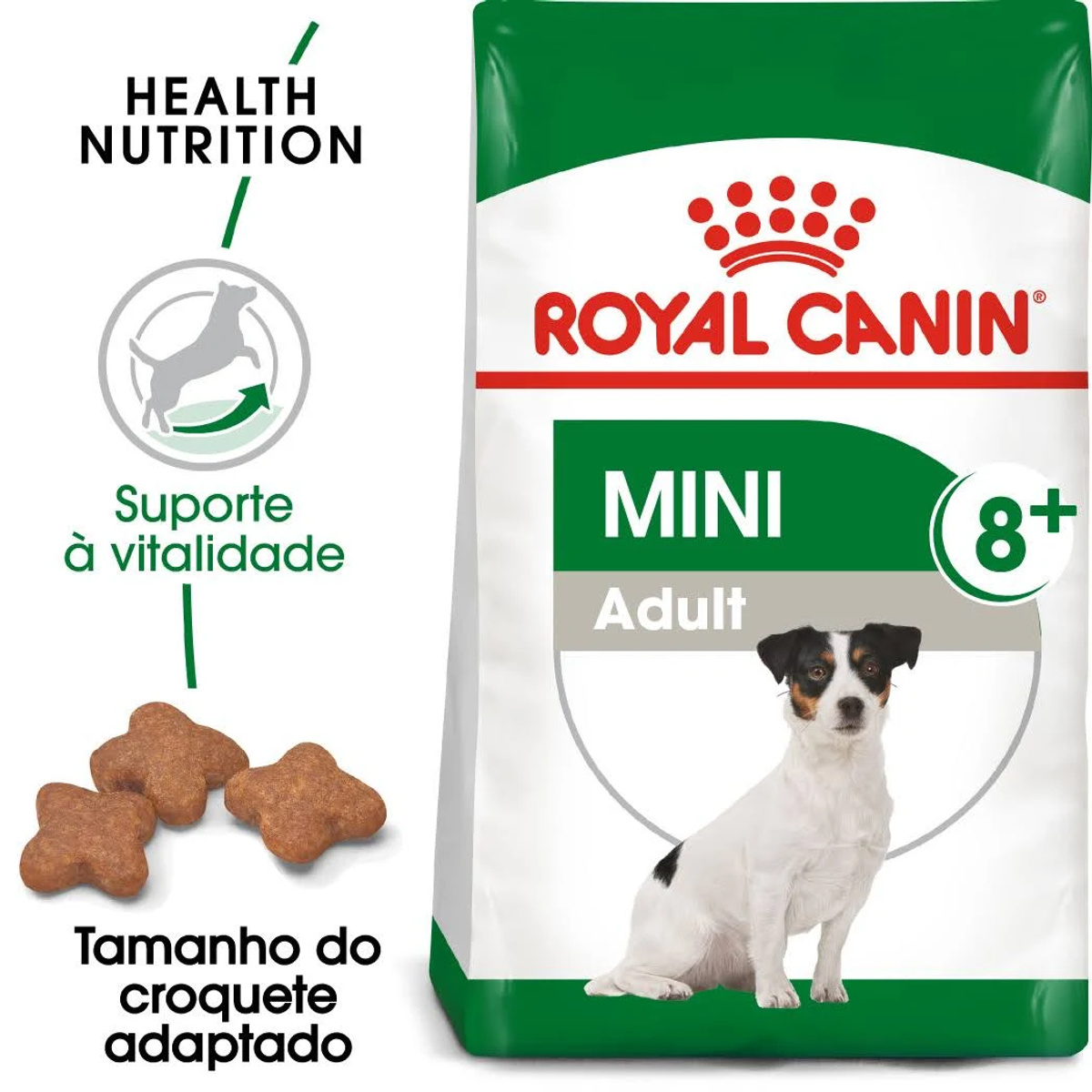 Torba z karmą dla psów ze zdjęciem psa. Jest napisane "Mini Adult 8+" i "Royal Canin". Są też herbatniki dla psów i ikony.