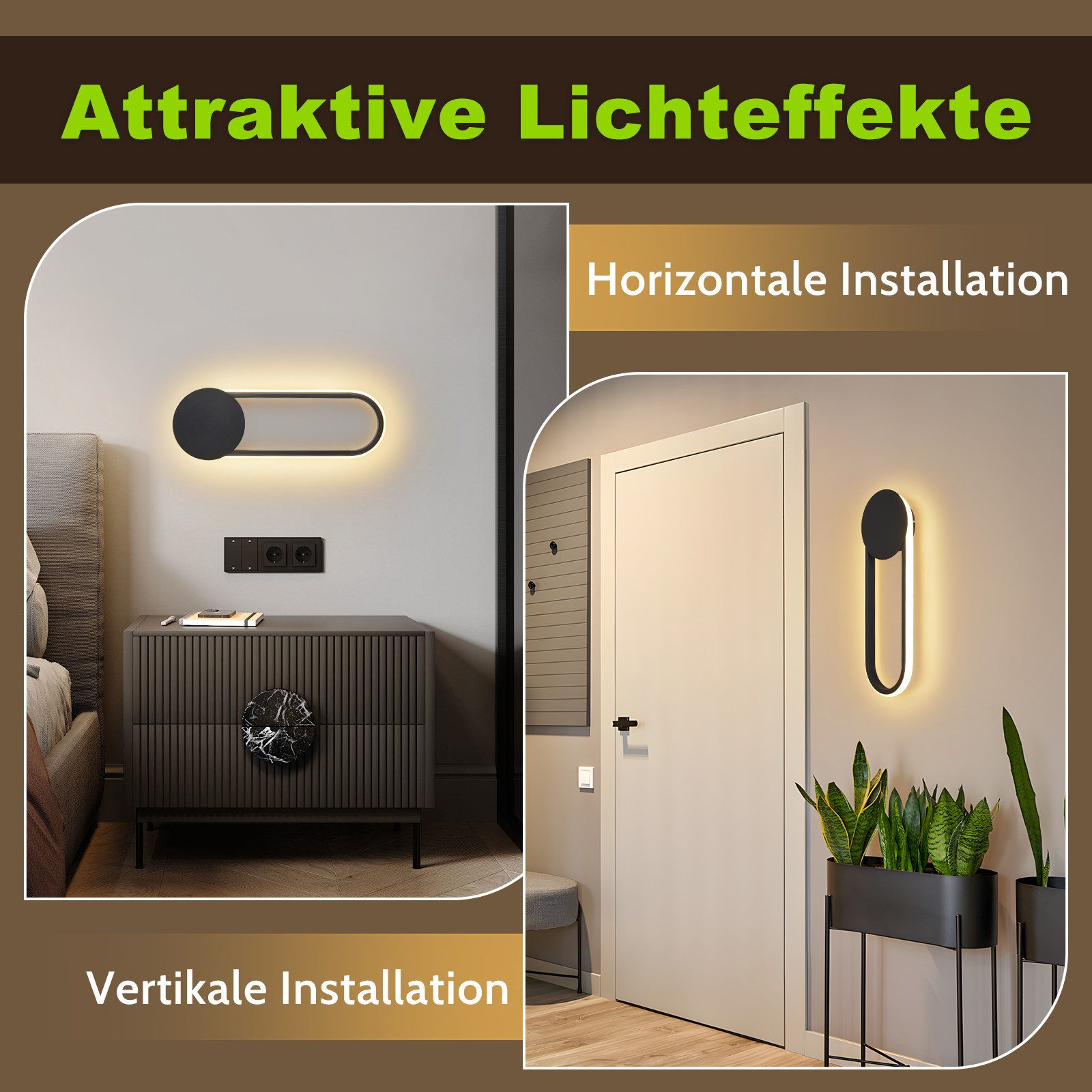 L'immagine mostra una stanza con lampade moderne. Una scena mostra un comodino, l'altra una porta con piante.