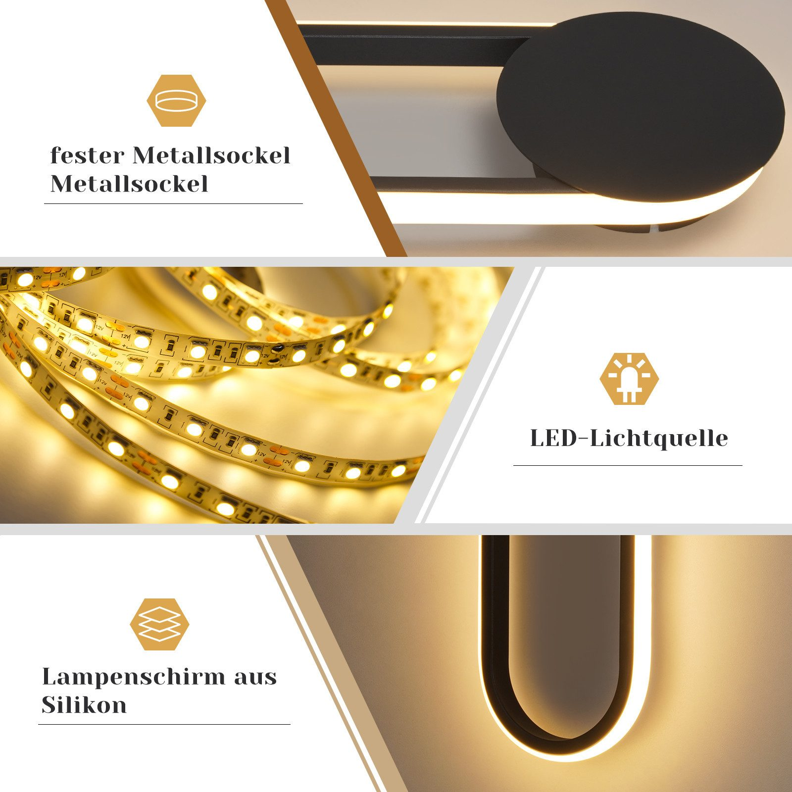 L'immagine mostra componenti di illuminazione: un elemento circolare nero, striscia LED e paralume in silicone. Testi in tedesco.