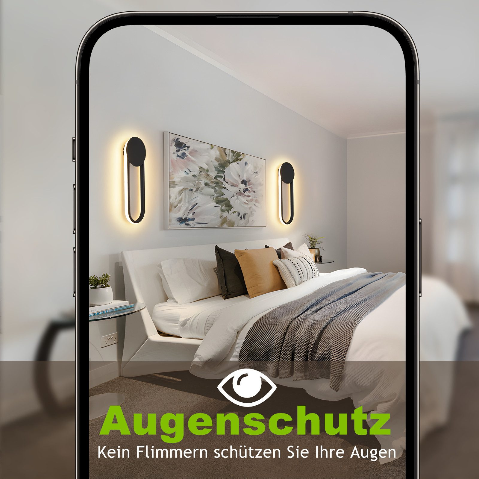Scena di camera da letto inquadrata da un telefono. Letto con cuscini, dipinto, lampade e testo: Augenschutz. Kein Flimmern schützen Sie Ihre Augen.