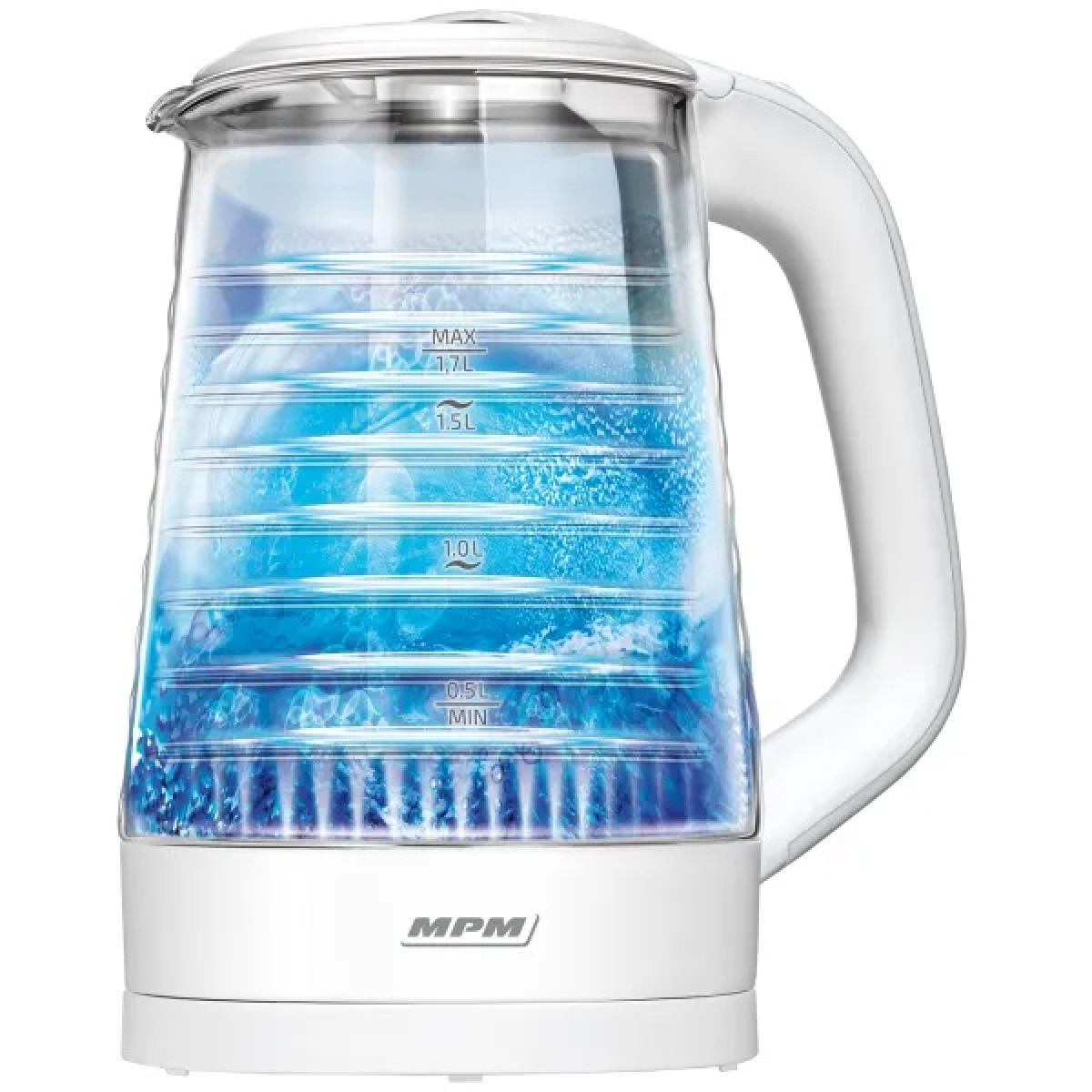 Un bollitore elettrico bianco e trasparente. L'acqua all'interno mostra i segni del livello. Il manico è bianco. C'è acqua blu all'interno.