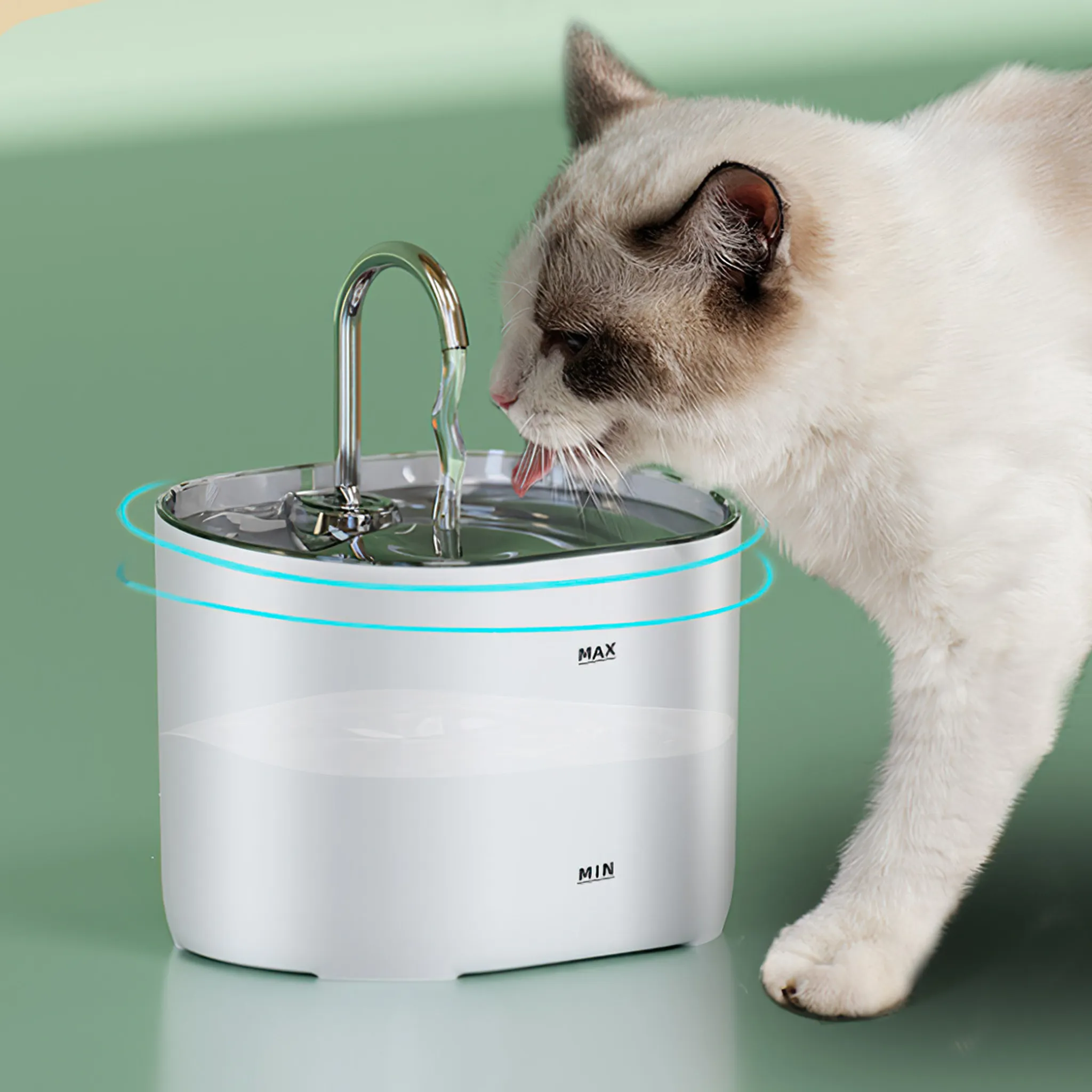 Eine Katze trinkt Wasser aus einem weißen Haustierbrunnen. Die Katze hat graues und weißes Fell. Der Brunnen steht auf einer grünen Oberfläche.
