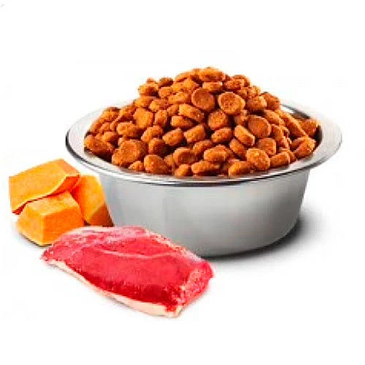 Metalowa miska wypełniona karmą dla psów, obok kawałków dyni i surowego mięsa na białej powierzchni.