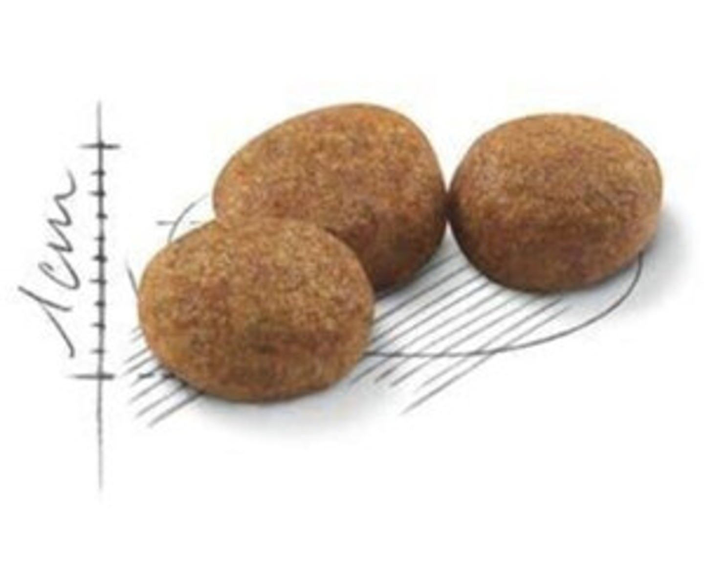 Trzy brązowe kawałki karmy dla zwierząt w kształcie krokietów na białej powierzchni z diagramem linii i tekstu. Kawałki są ostre.