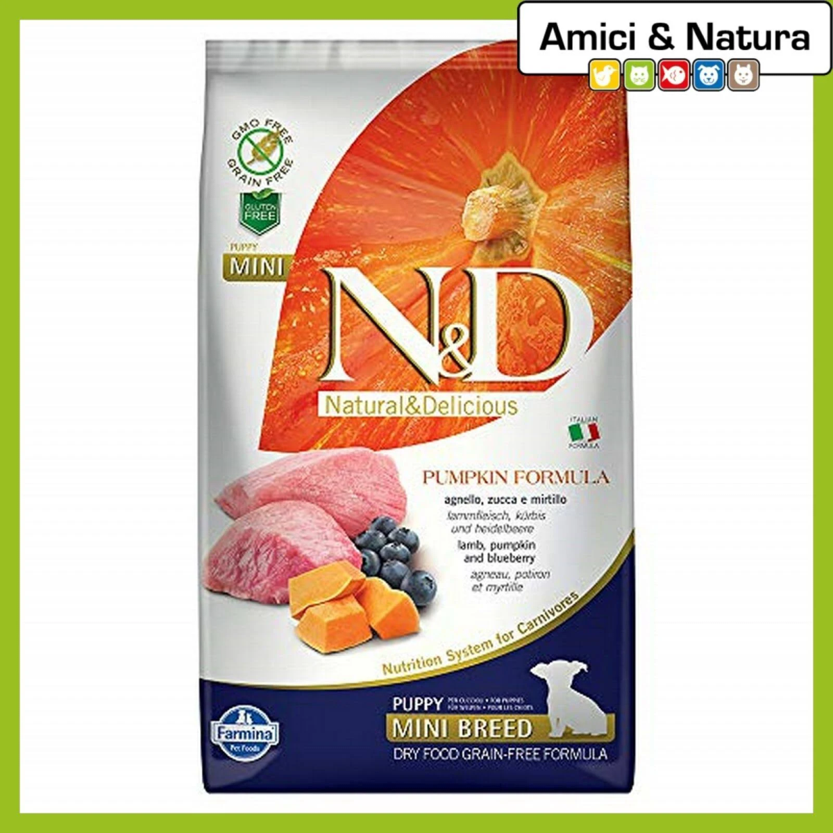 Torba karmy dla psów z dynią, mięsem i jagodami. Tekst zawiera 'ND', 'Natural & Delicious' i 'Mini Breed'.