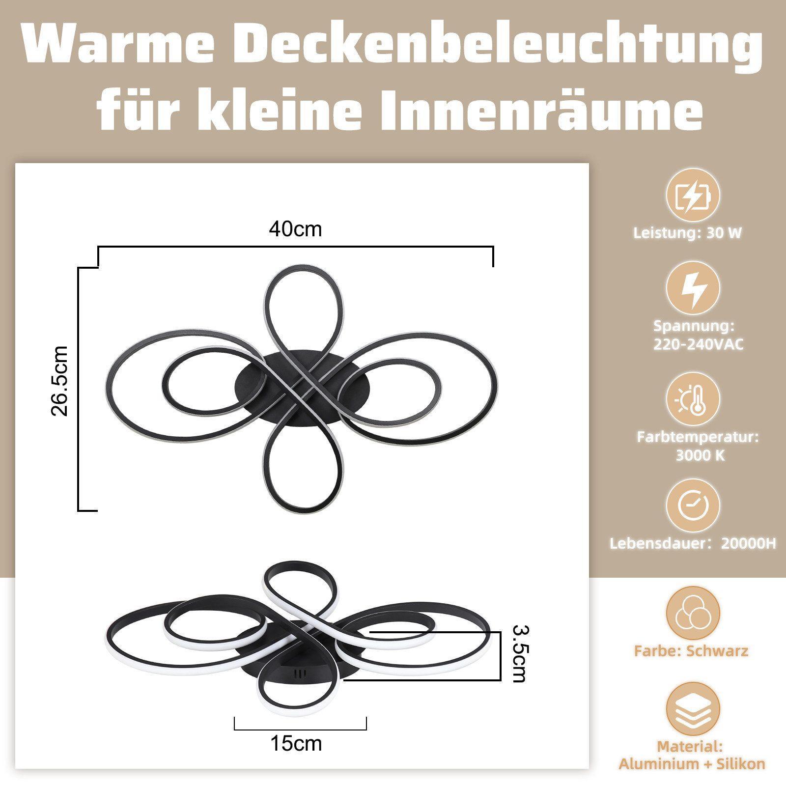 Lampada da soffitto nera dal design unico. Le dimensioni sono indicate. Informazioni su potenza, tensione e materiale sono presenti.