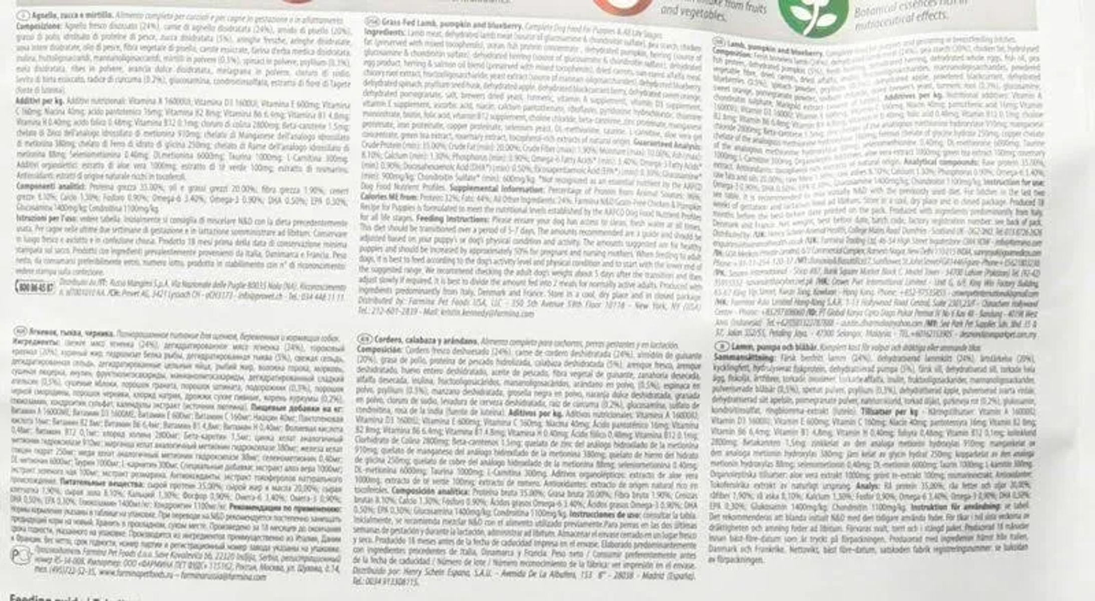 Tekst na białym papierze, ze składnikami w wielu językach i informacjami o wartości odżywczej.