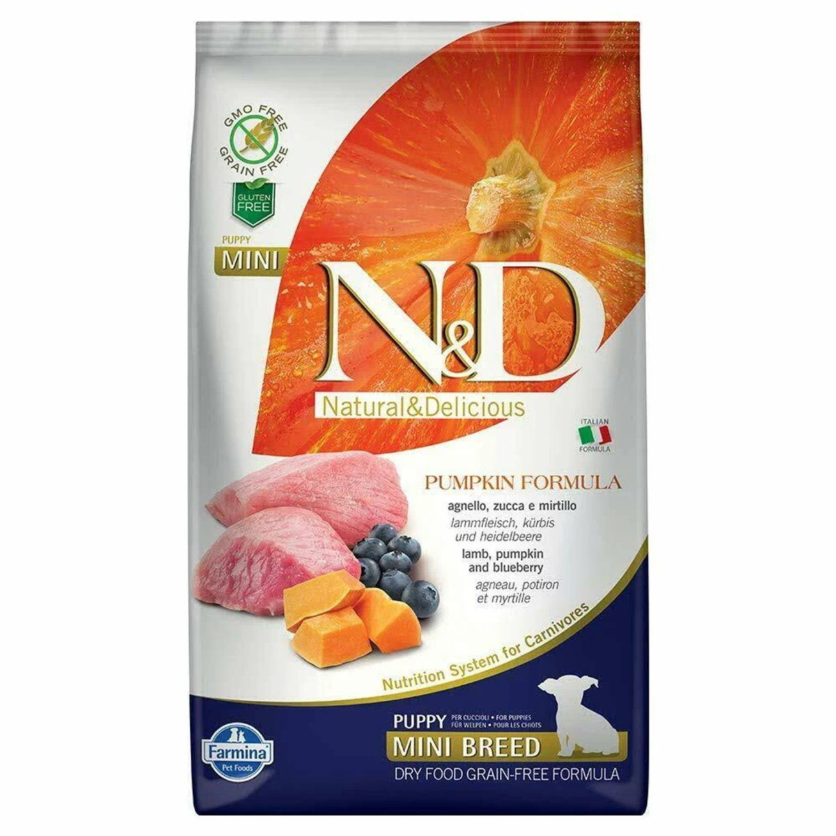 Torba karmy dla psów z dynią, mięsem i jagodami. Tekst brzmi 'Mini Breed' i 'Grain-Free'.