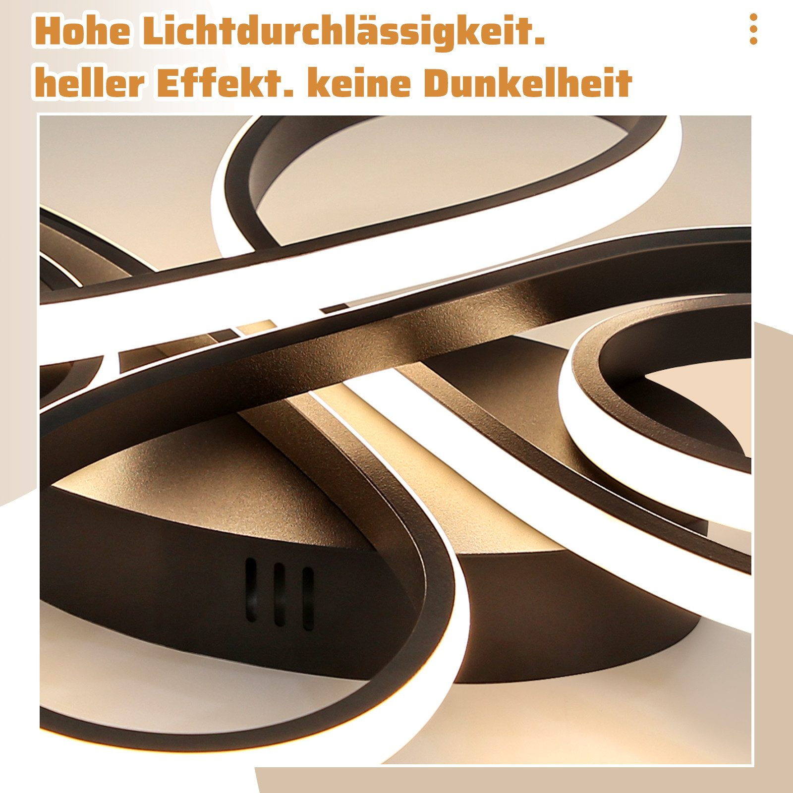 Primo piano di un moderno apparecchio di illuminazione. Ha elementi curvi neri e bianchi con illuminazione a LED integrata.