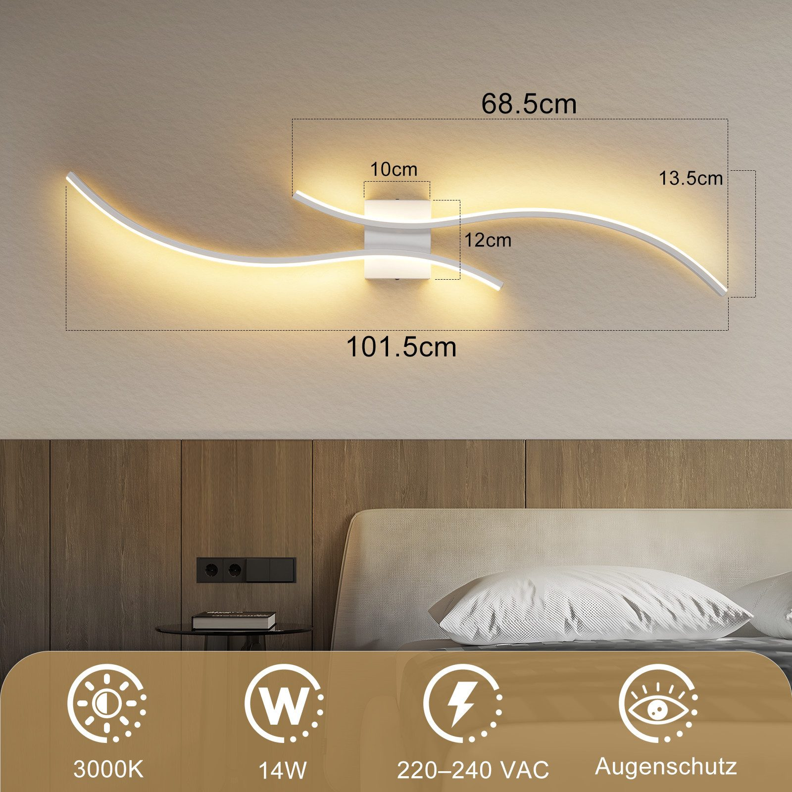 Una moderna lampada da parete bianca con dimensioni. Sotto si vede un letto con cuscini. Le icone con le specifiche sono in basso.