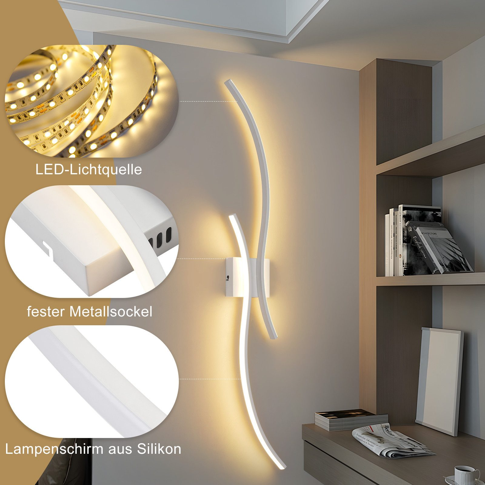 Una moderna lampada da parete dal design bianco e curvo illumina una parete. I dettagli mostrano luci a LED, base in metallo e paralume in silicone.