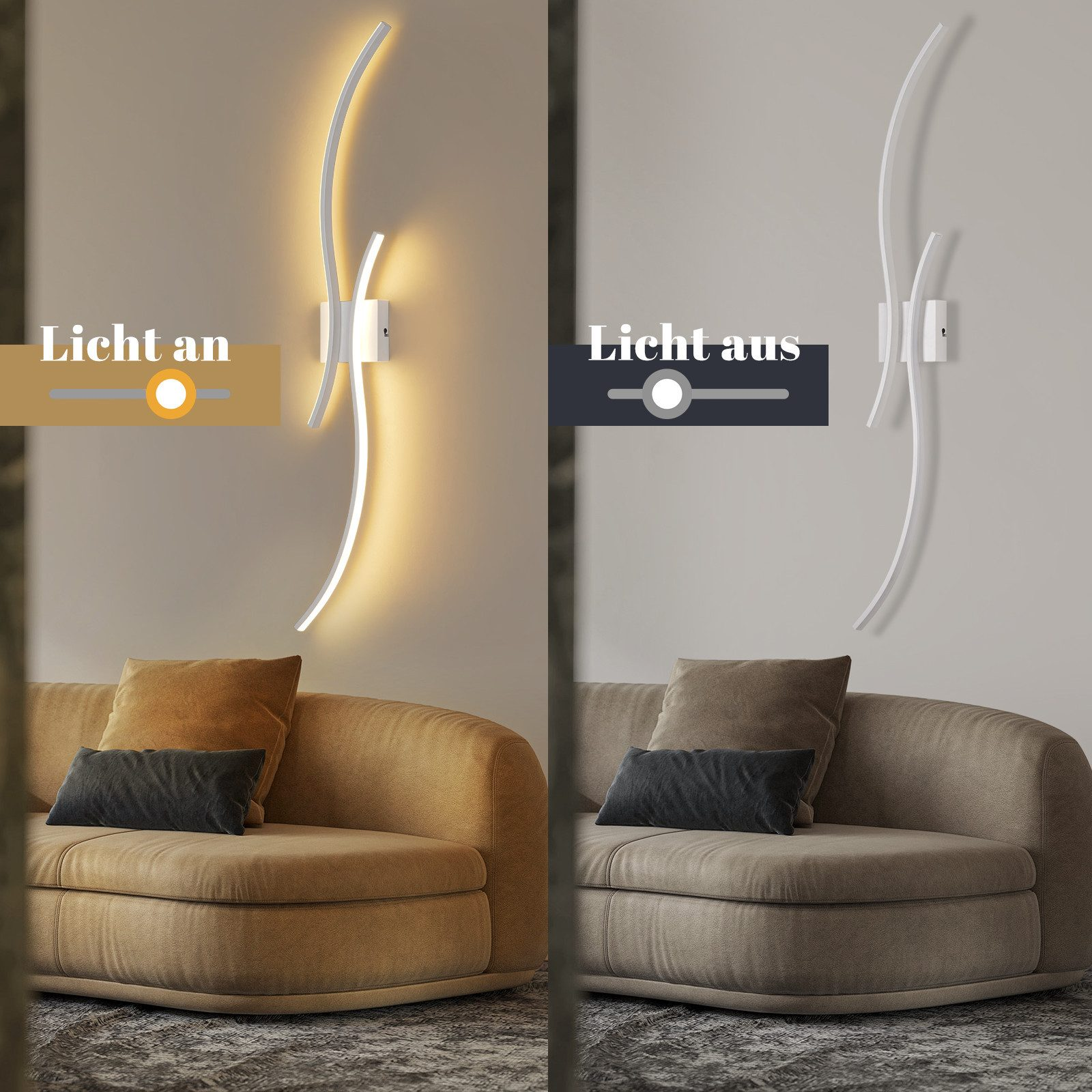 L'immagine mostra una lampada da parete accesa e spenta. Un divano con cuscini è di fronte. La luce ha un design curvo.