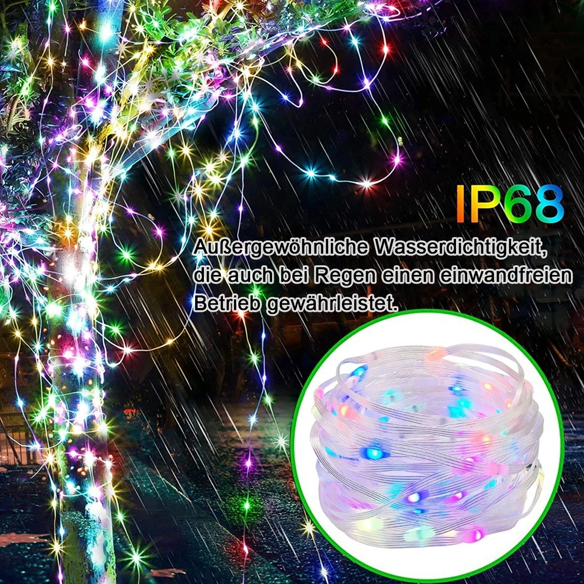 Baum mit bunten Lichterketten geschmückt. Eine Rolle Lichter wird gezeigt. Text sagt IP68 und wasserdicht.