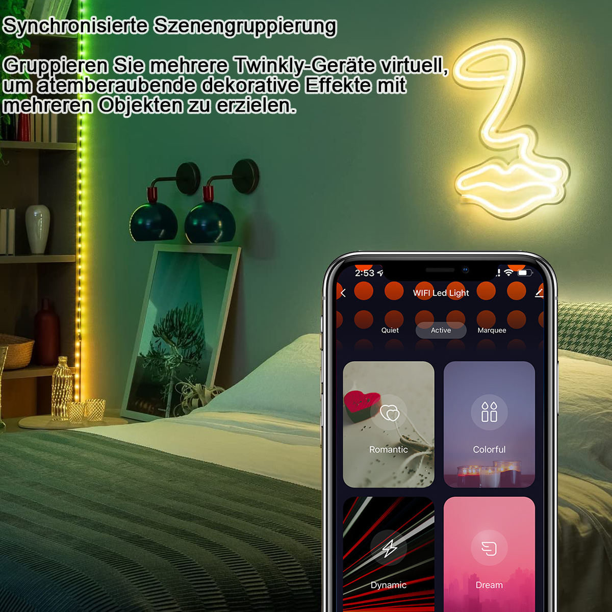 Schlafzimmer mit Bett, Neon-Gesichtslampe und Telefon mit App-Oberfläche zur Lichtsteuerung.