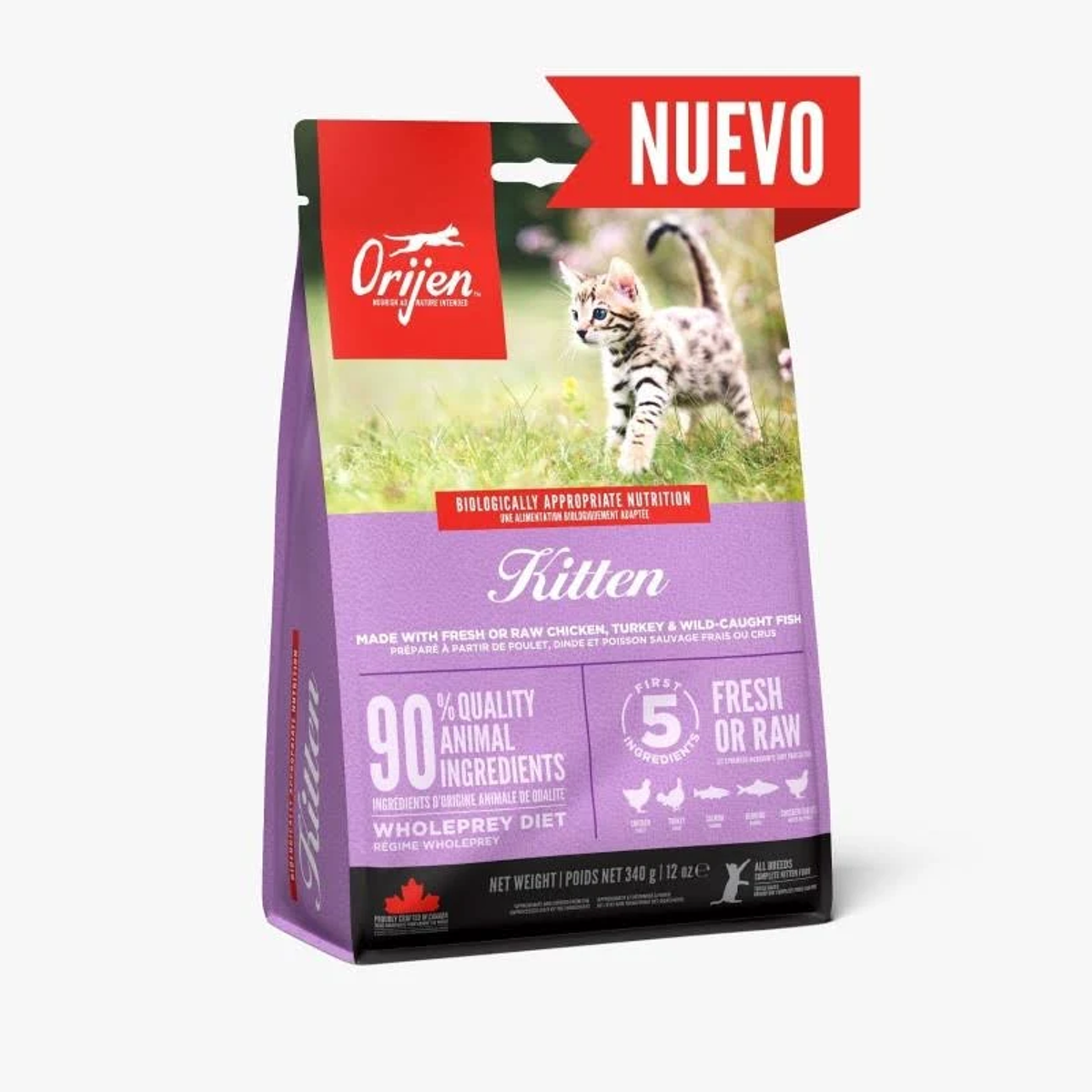 Torba z karmą dla kotów ze zdjęciem kociaka. Jest napisane 'Kitten' z '90% jakości składników zwierzęcych'. Czerwony baner mówi 'Nuevo'.