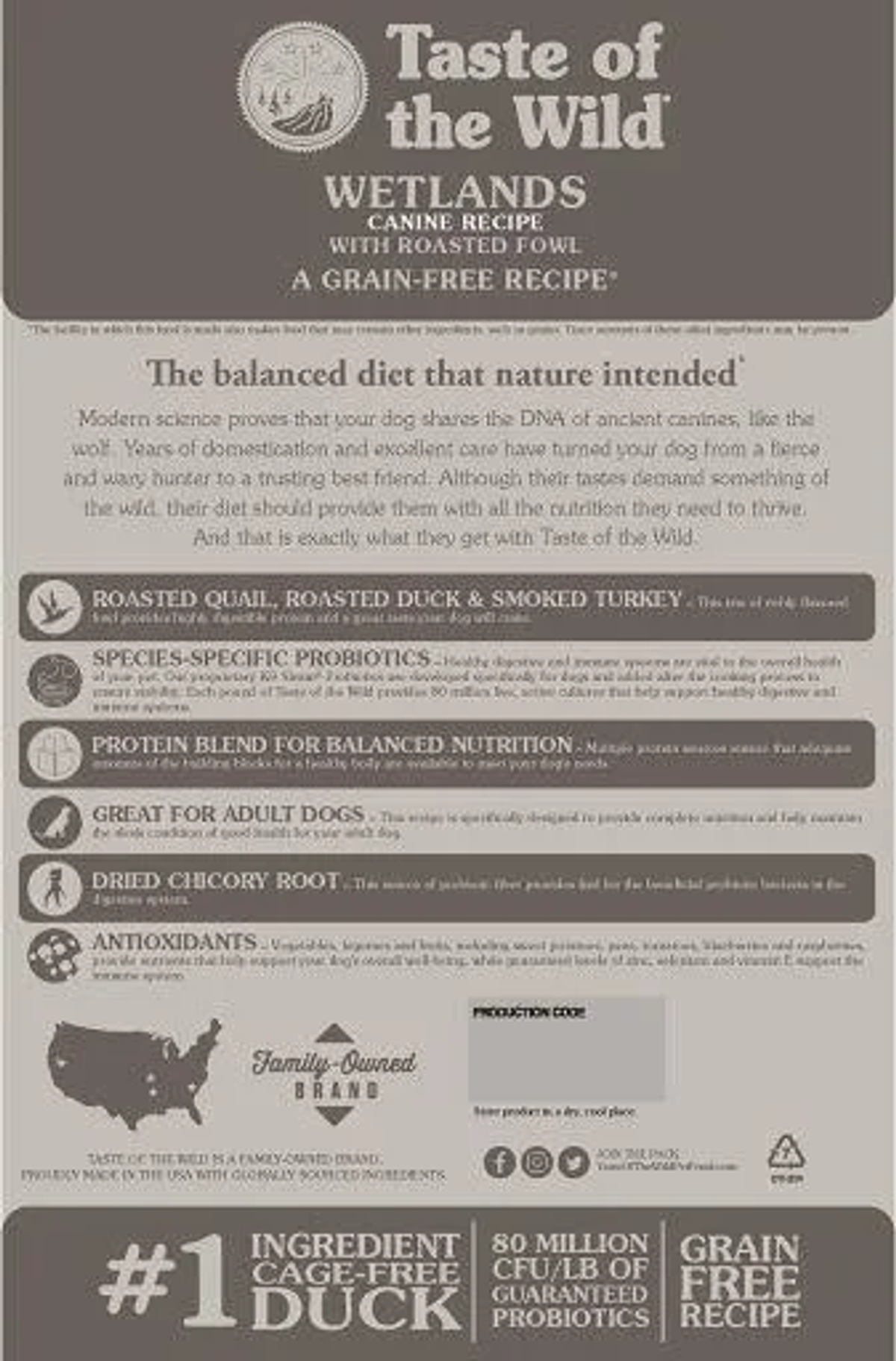 Reklama karmy dla psów. Tekst: 'Taste of the Wild Wetlands'. Składniki: kaczka, pieczony drób. Przepis bez zbóż. Marka rodzinna.