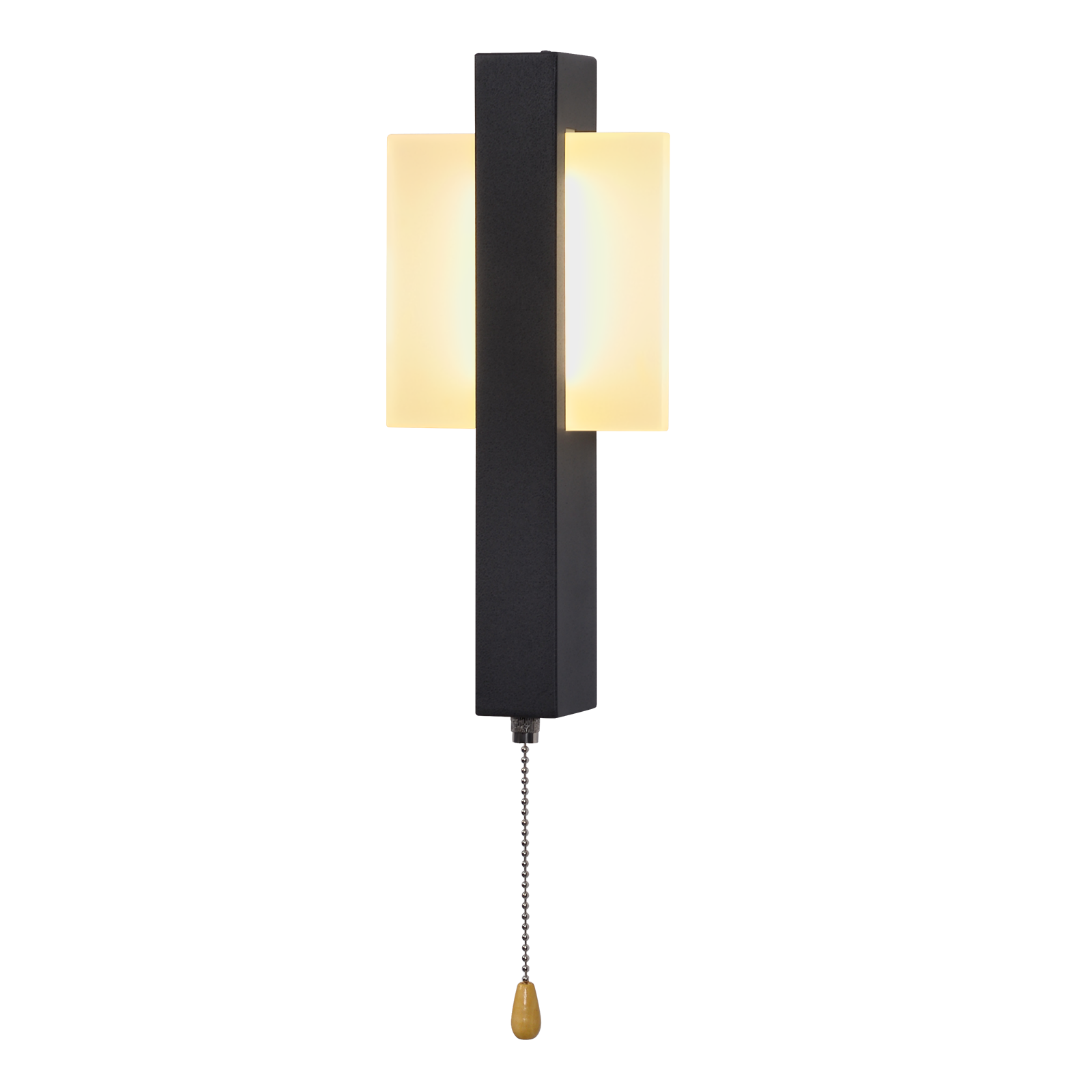 Una lampada da parete moderna con cornice nera e due pannelli luminosi rettangolari illuminati. Una catena pende sotto.