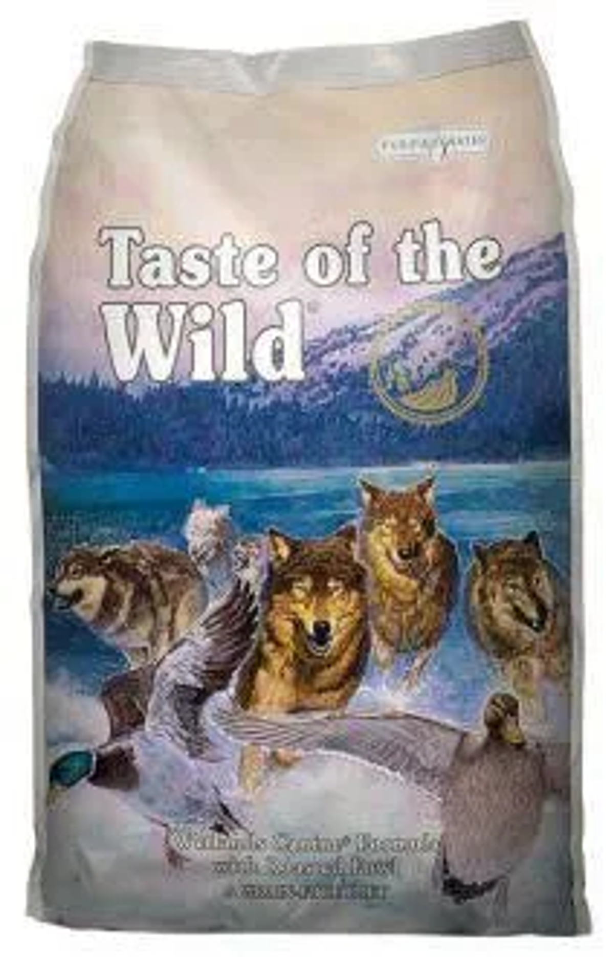 Torba karmy dla zwierząt Taste of the Wild. Zawiera wilki, kaczki i krajobraz jeziora. Nazwa marki znajduje się u góry.