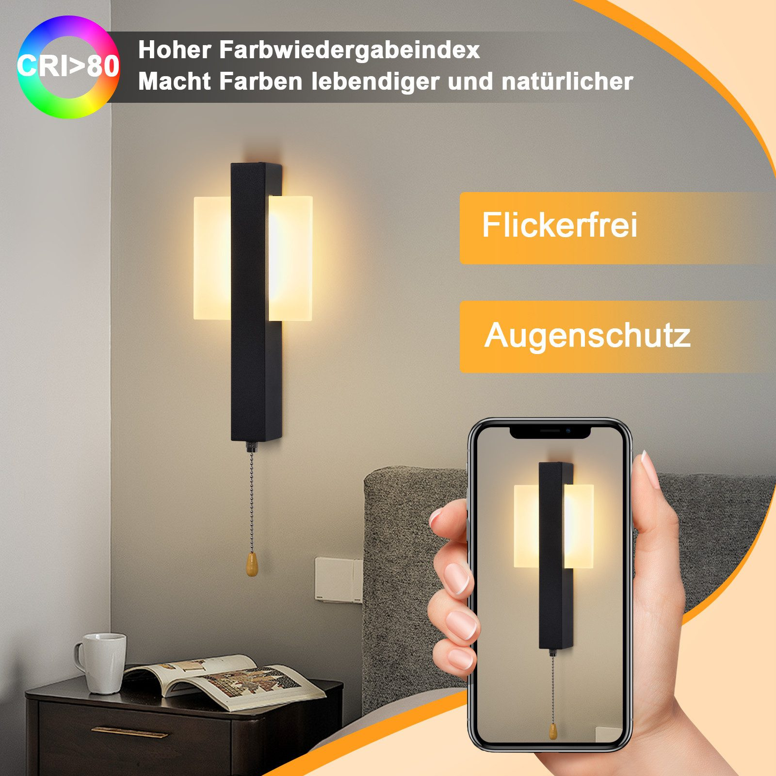 Una lampada da parete moderna con un telefono che mostra la stessa lampada. La lampada è nera, con una catena.