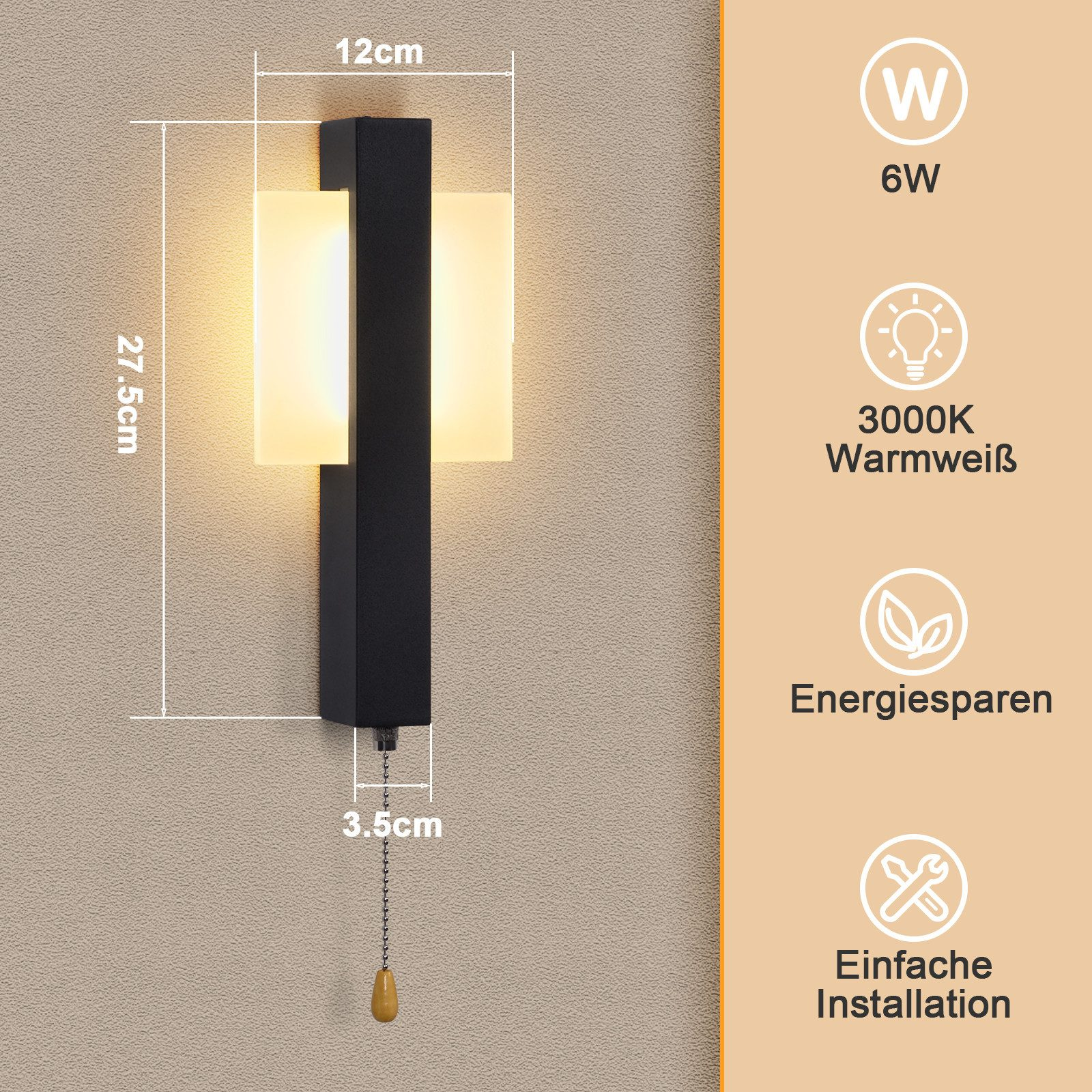 Una lampada da parete con cornice nera e due pannelli luminosi bianchi. Dimensioni etichettate. Infografiche a destra.
