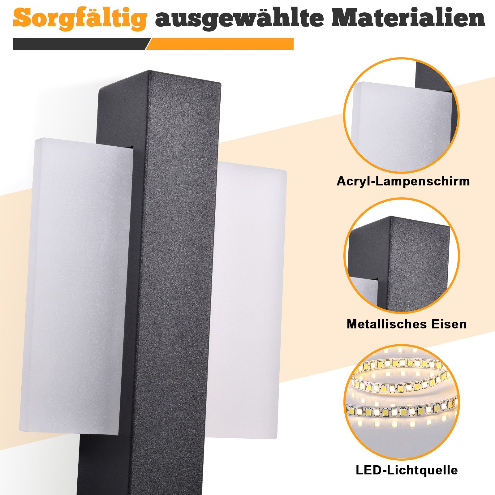 Una moderna lampada da esterno con telaio in metallo nero e diffusori in acrilico bianco. I dettagli mostrano materiali come metallo e luci a LED.