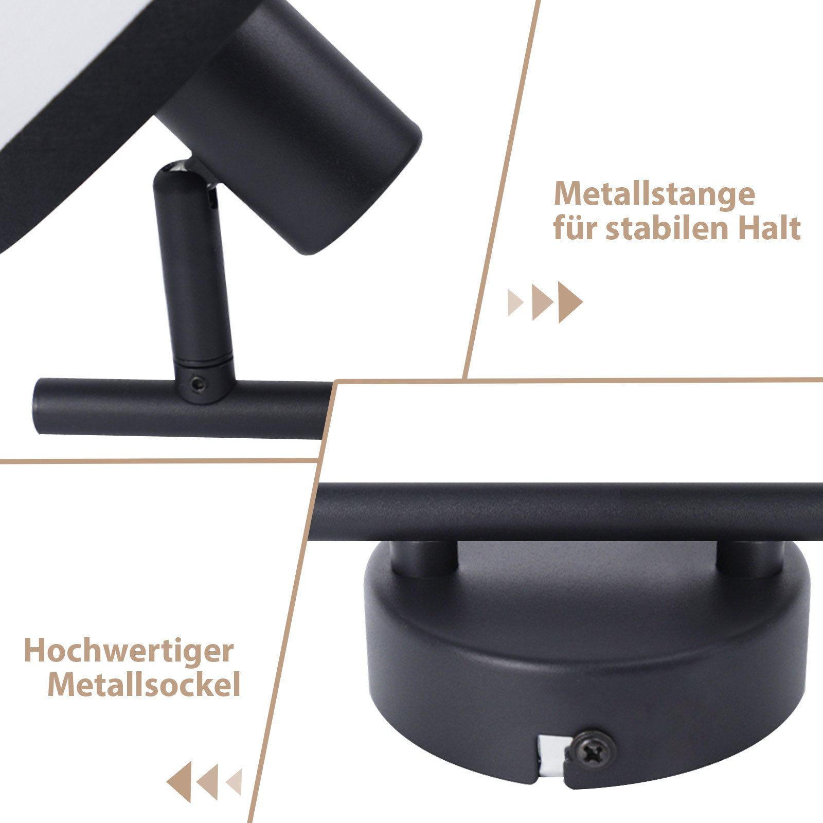 Primo piano di una lampada in metallo nero con testa cilindrica e base rettangolare. Testo in tedesco.