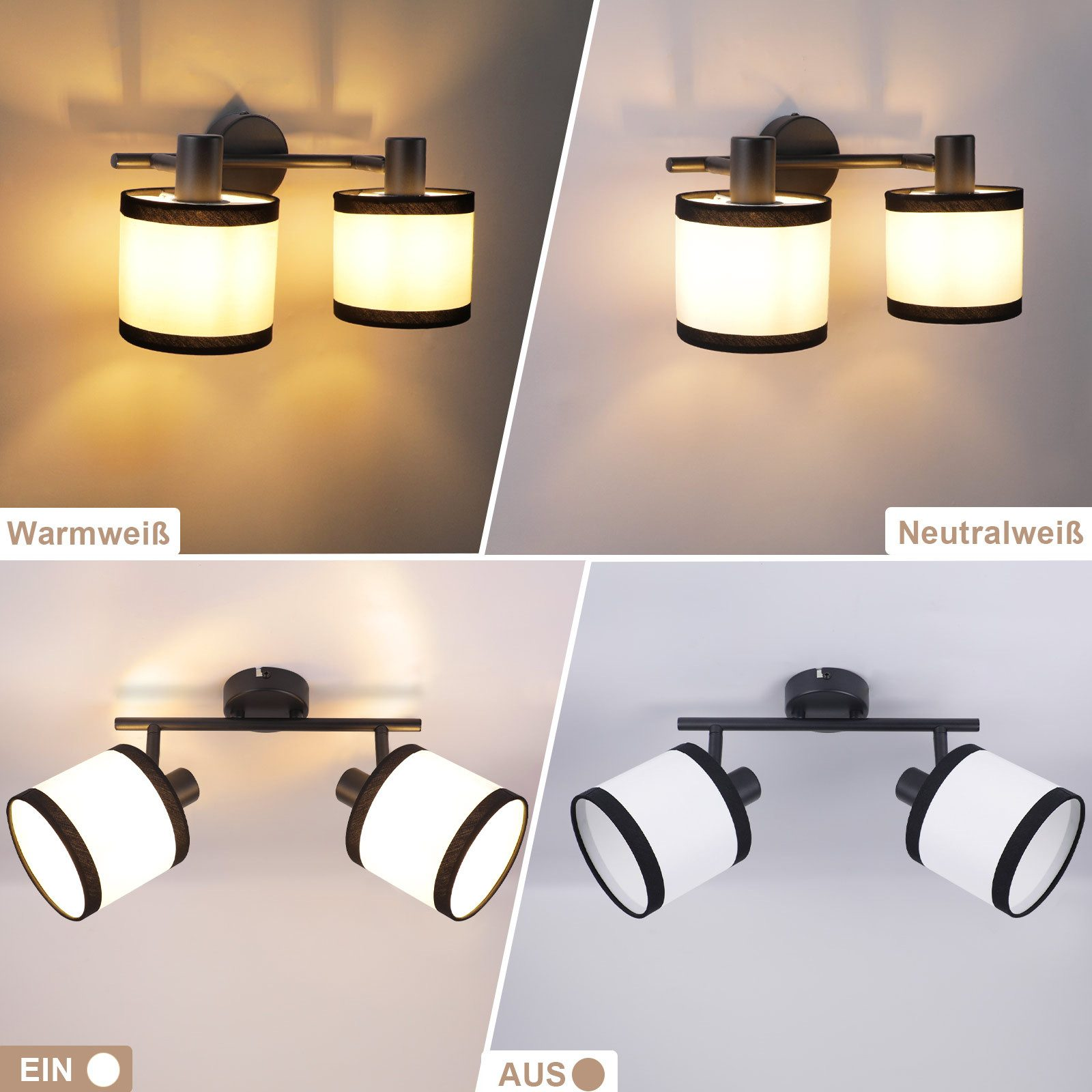 Quattro immagini di moderne lampade da parete con diverse impostazioni di luce. Le lampade hanno paralumi cilindrici.
