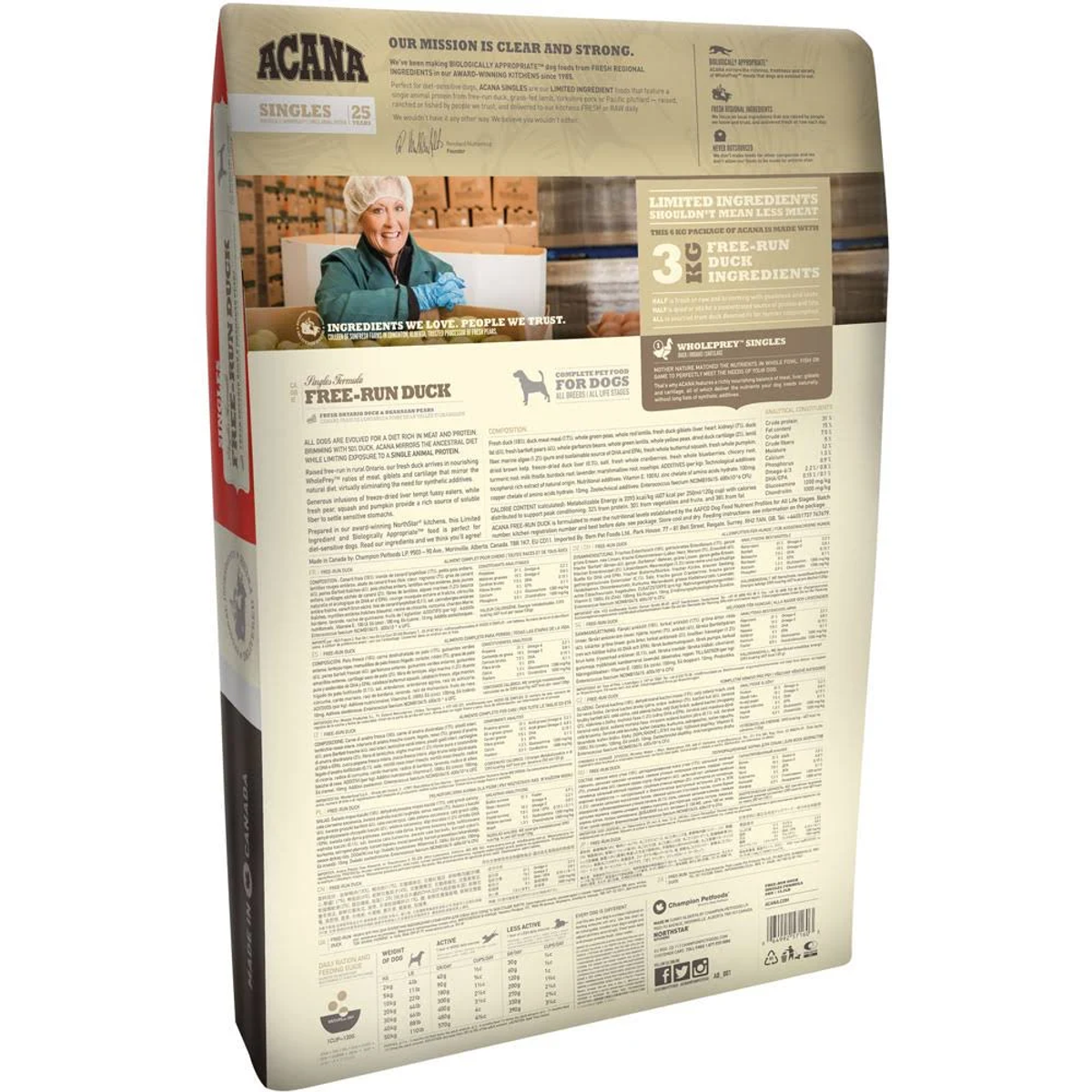 Torba na karmę dla psów. Tekst zawiera składniki, markę ACANA oraz zdjęcia kobiety i kaczki.