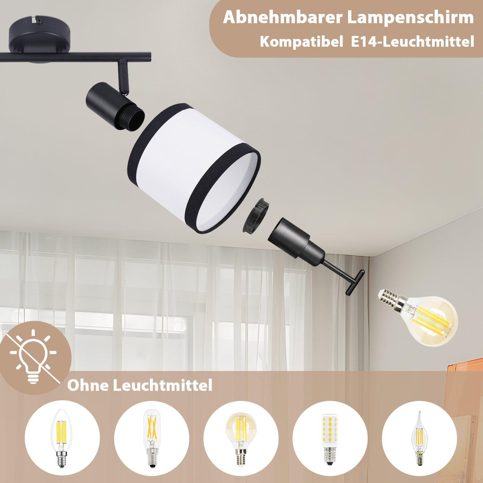 Apparecchio per lampada scomposto con paralume bianco e finiture nere. Diverse lampadine sono mostrate in basso.