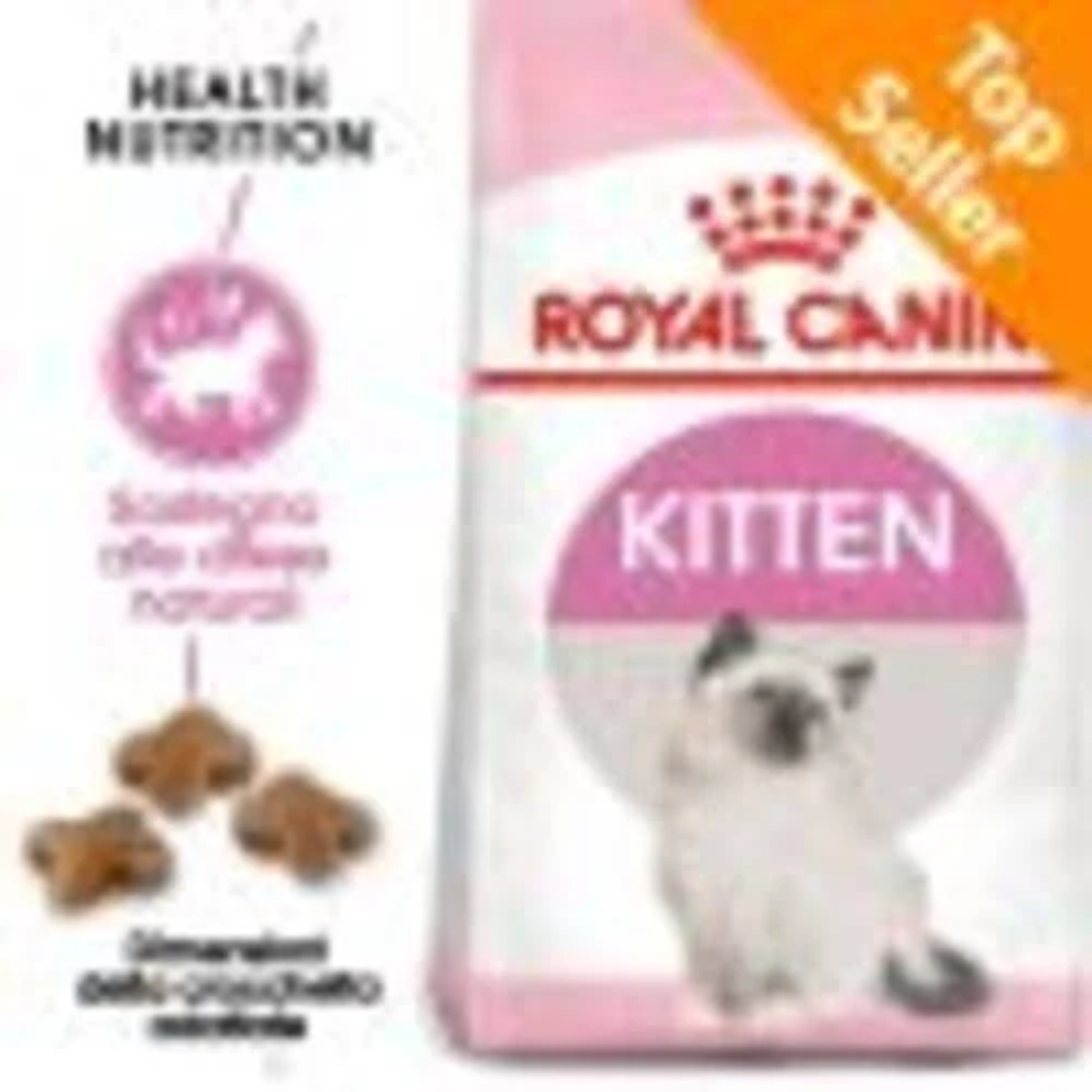 Torba z karmą dla kotów z marką 'Royal Canin Kitten'. Z przodu jest kociak. Etykieta 'Top Seller' znajduje się w prawym górnym rogu.